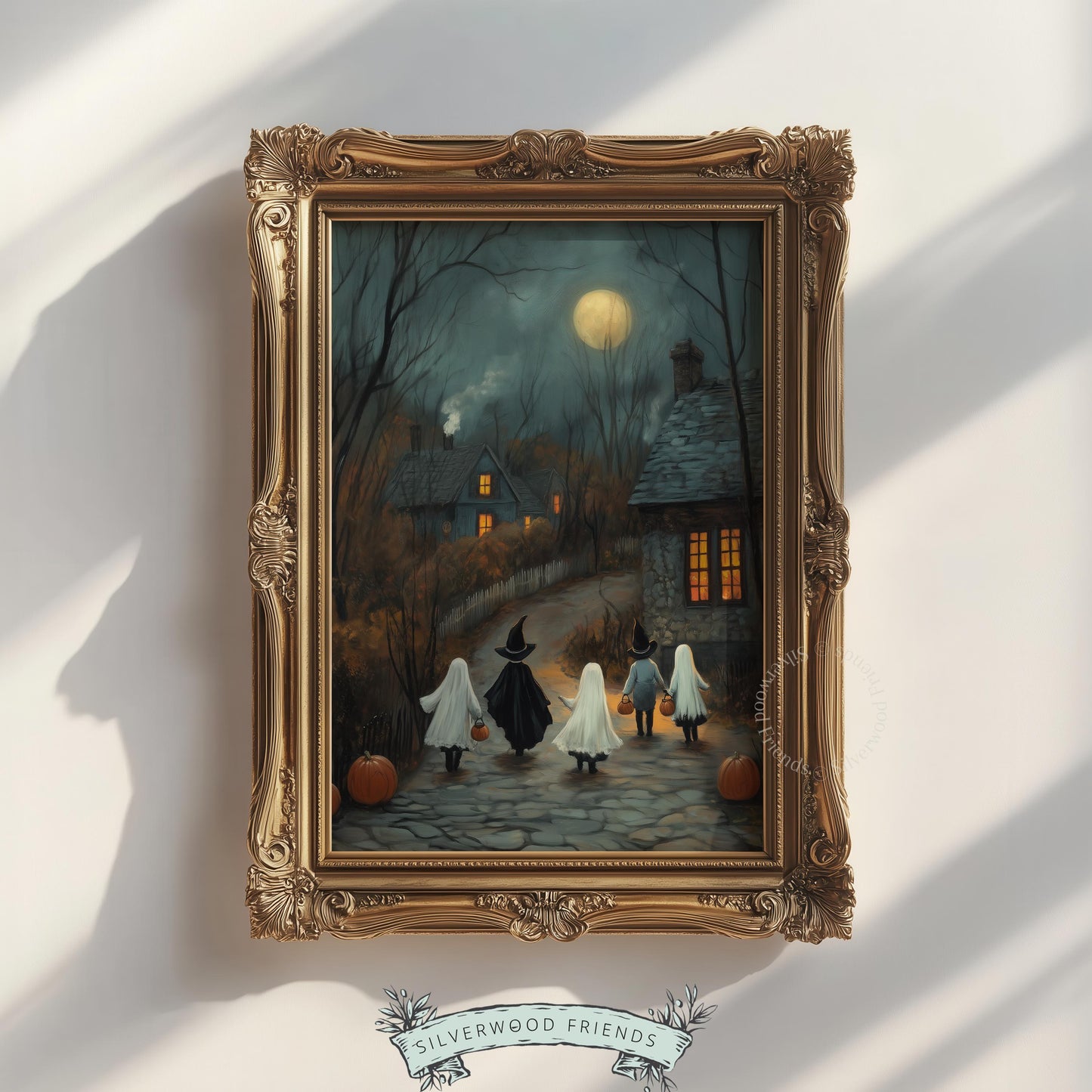 Halloween evening wall art with costumed youngsters — classic spooky scene with warm cottage windows and moon