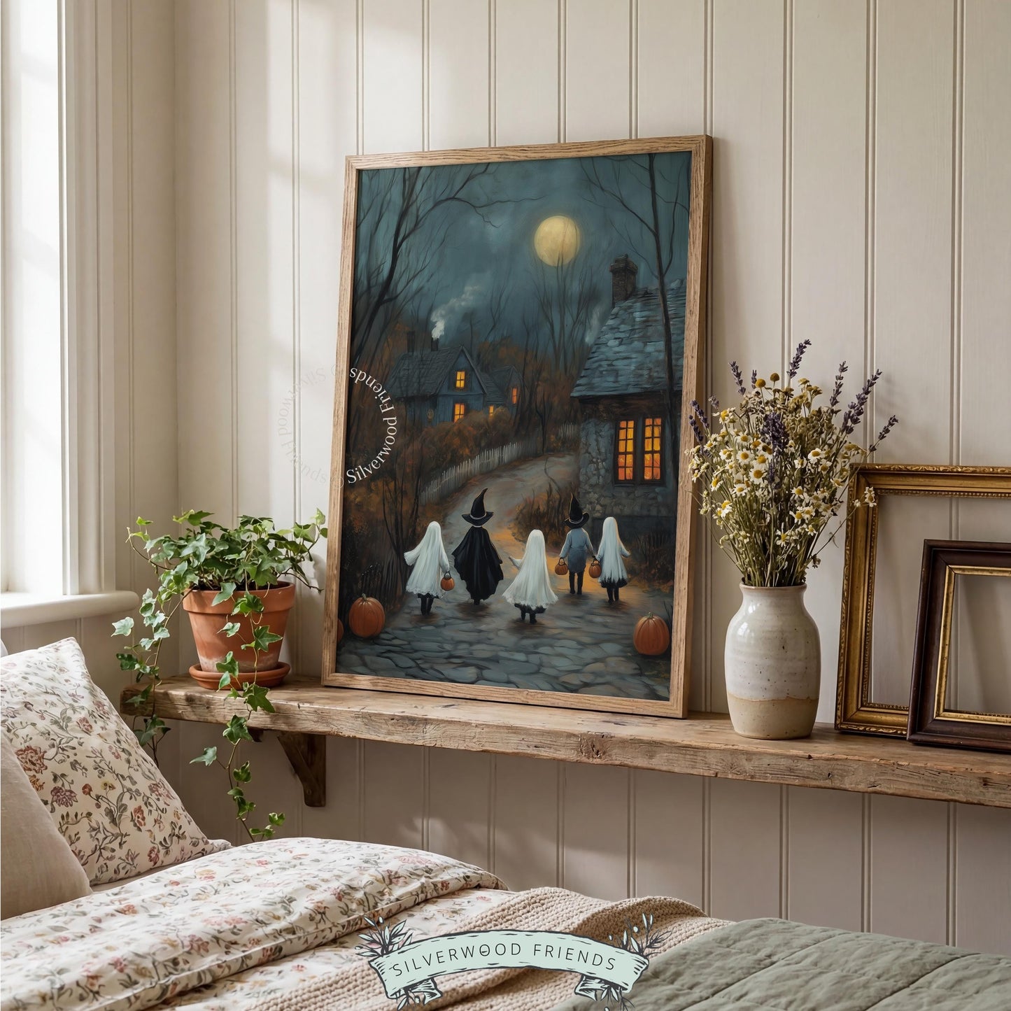 Eerie twilight scene printable wall decor — youngsters in holiday disguises beneath full moon's silvery glow