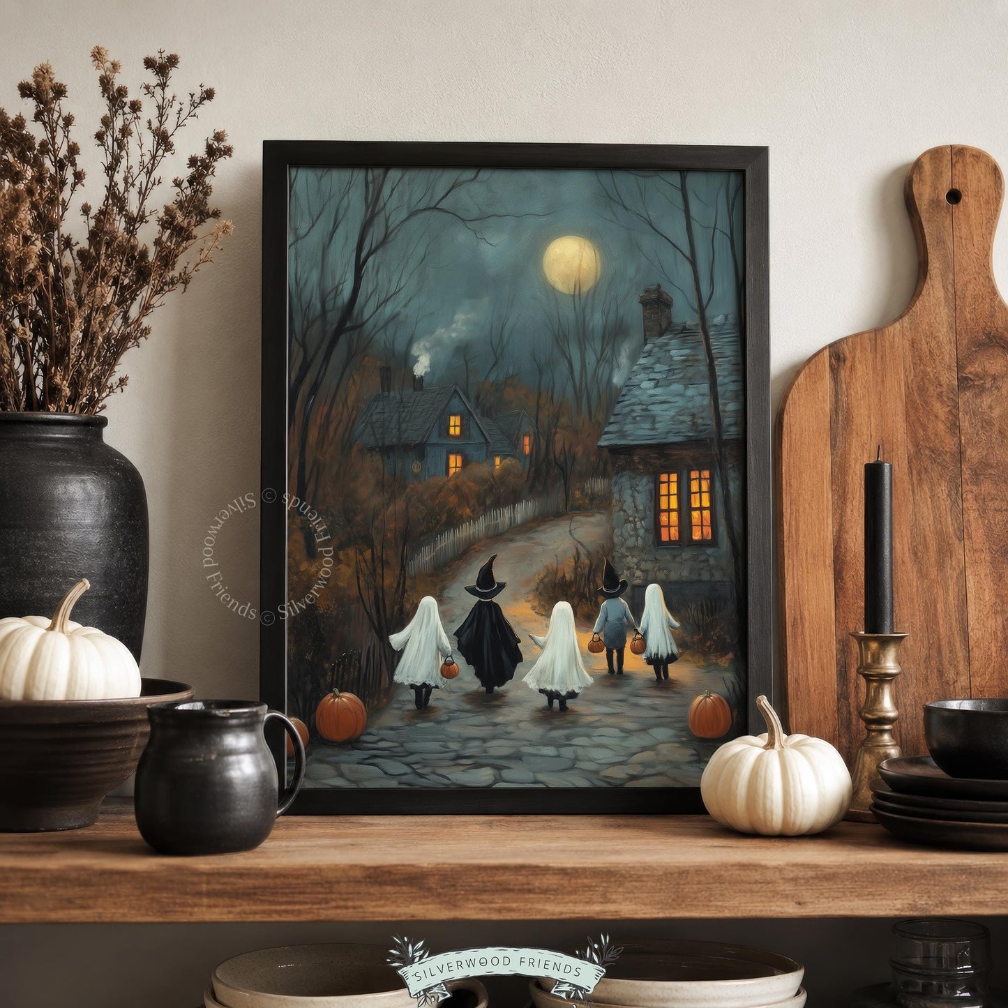 Spooky vintage painting printable art for bedroom — ghost and witch figures with glowing cottage windows