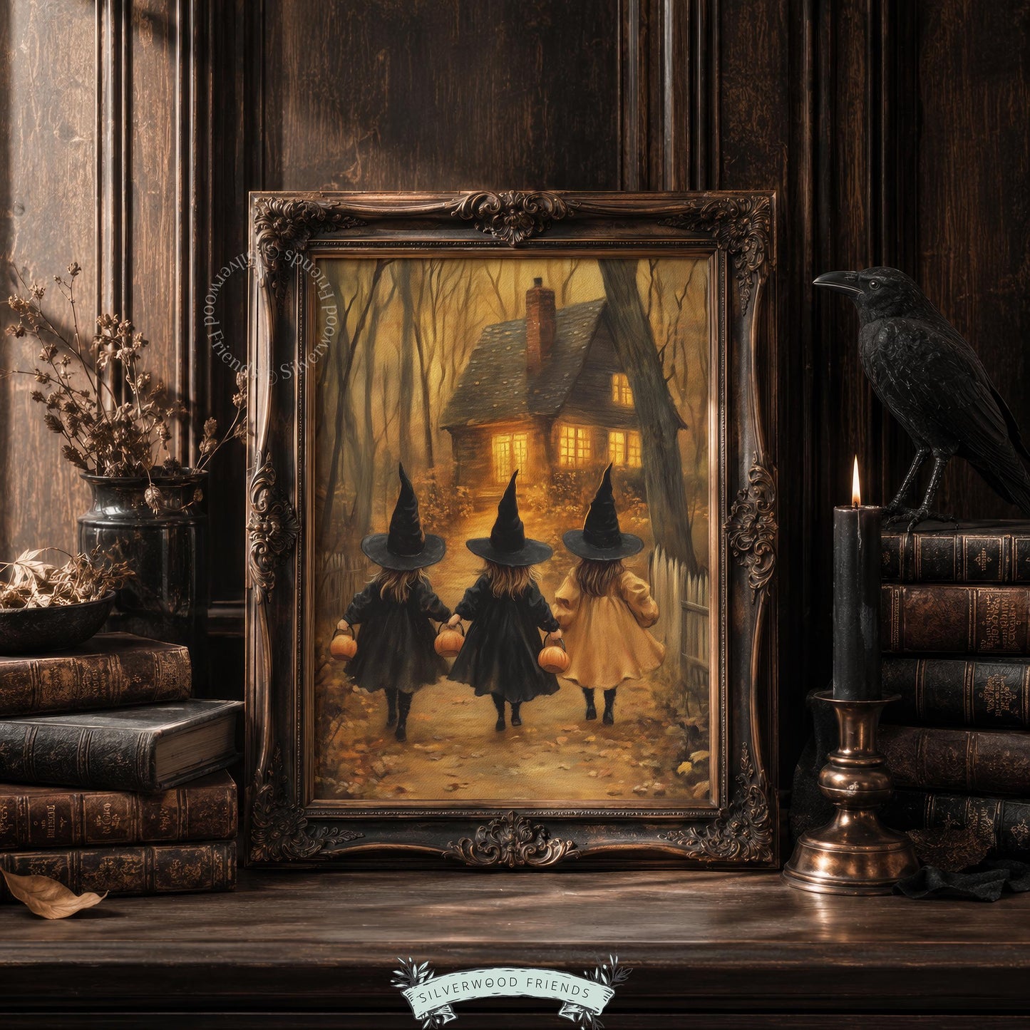 Witchy children artwork poster for bedroom — vintage-inspired Halloween illustration with pumpkins, forest path, and cozy amber lighting
