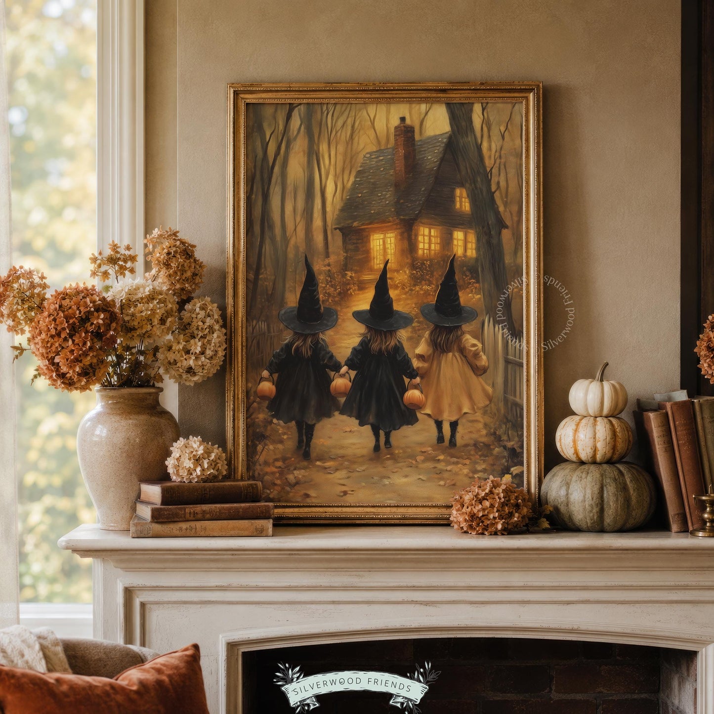Halloween cottage picture printable for living room — vintage witchy artwork featuring three girls with pumpkins and bare tree landscape