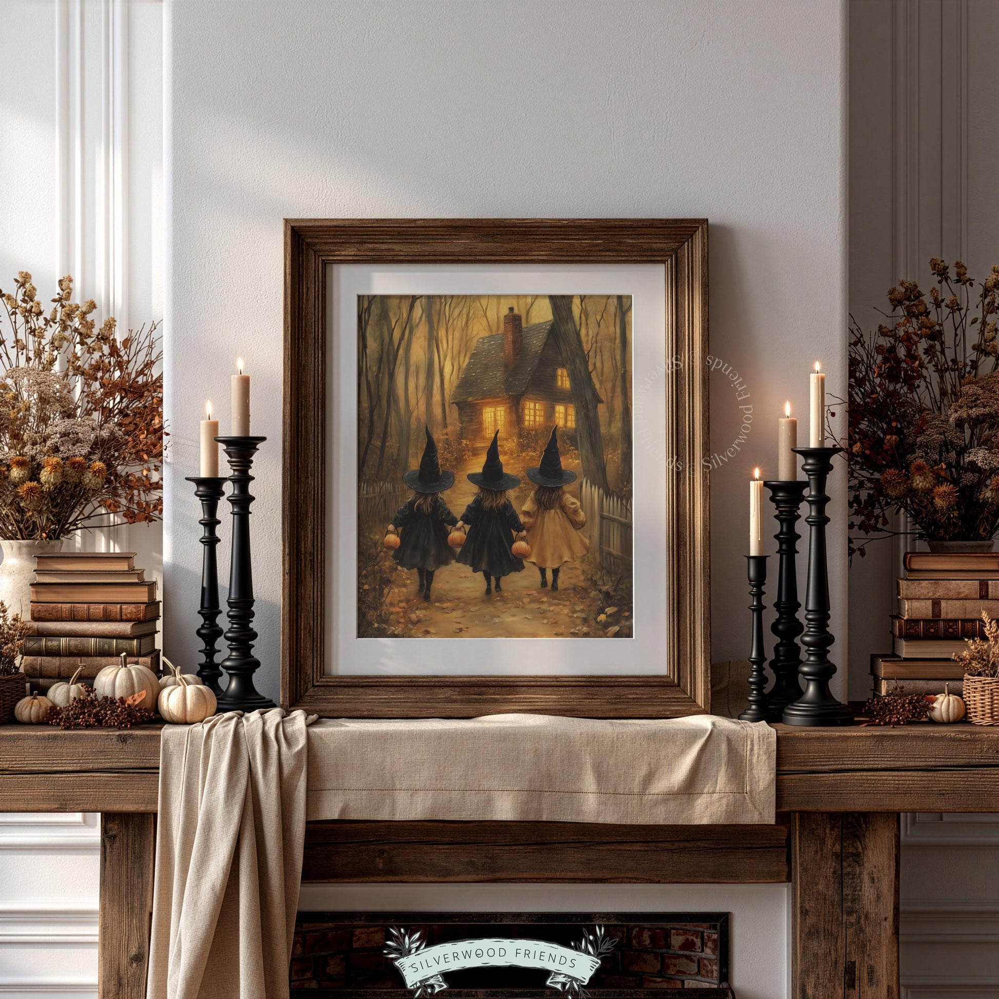 Spooky trick-or-treat scene digital print for bedroom — children in black capes approaching candlelit cottage through forest path