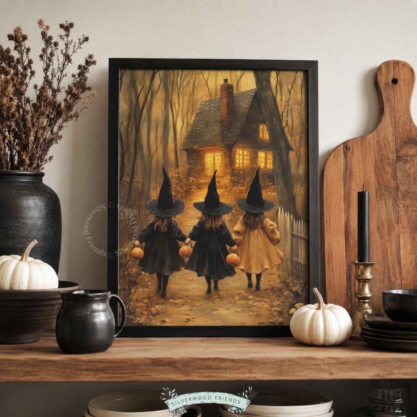 Cottagecore Halloween poster printable for dark academia decor — silhouetted trick-or-treaters with vintage storybook painting aesthetic