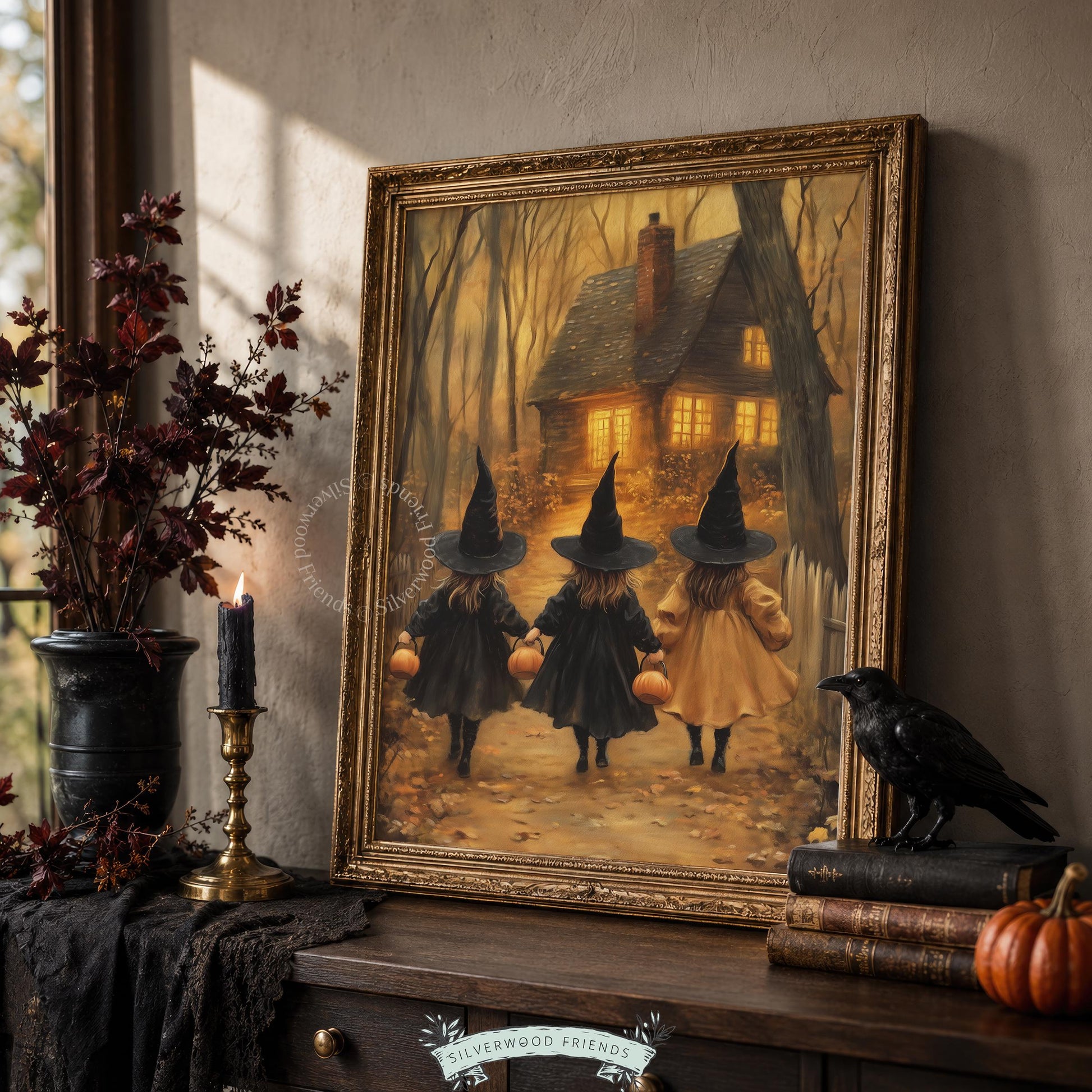 Vintage storybook Halloween poster for living room — witchy children with pumpkins on moonlit path toward cozy cottage in warm tones