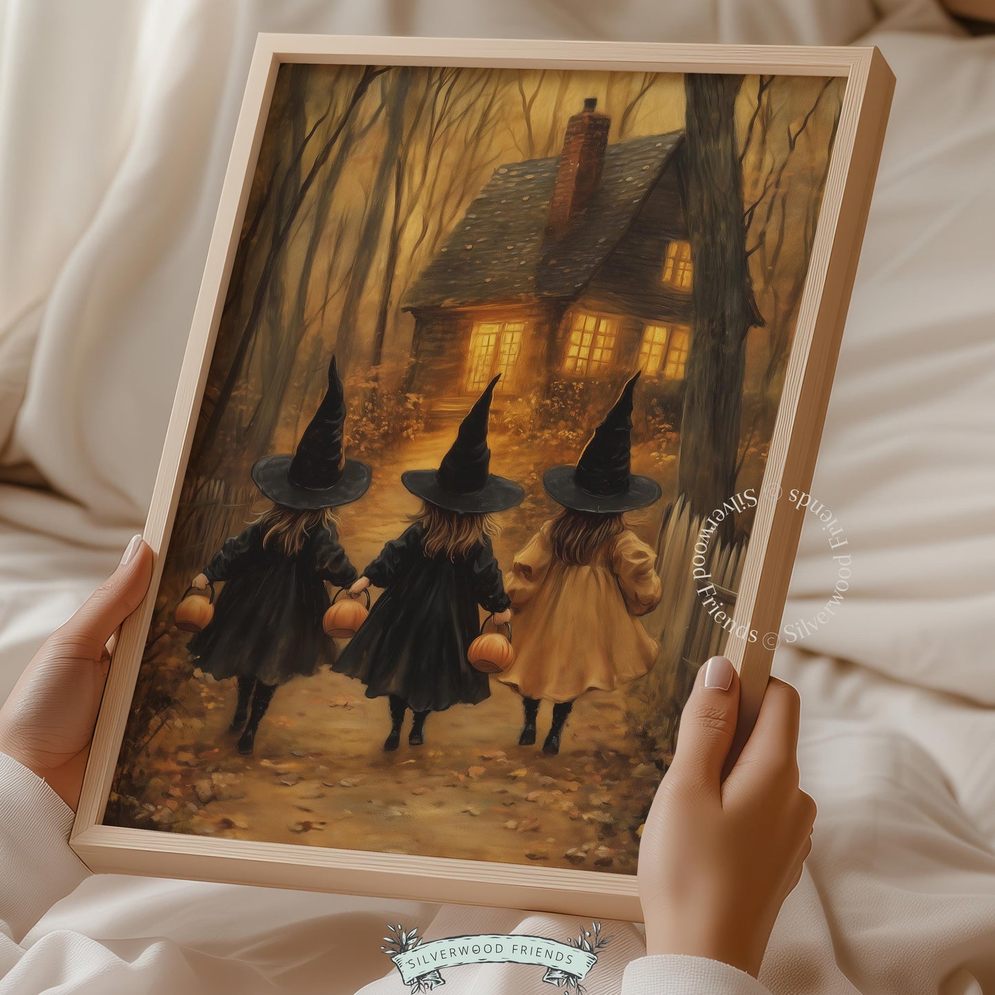 Autumn trick-or-treat scene poster for bedroom — three children in black capes walking toward cottage with moody, cozy aesthetic