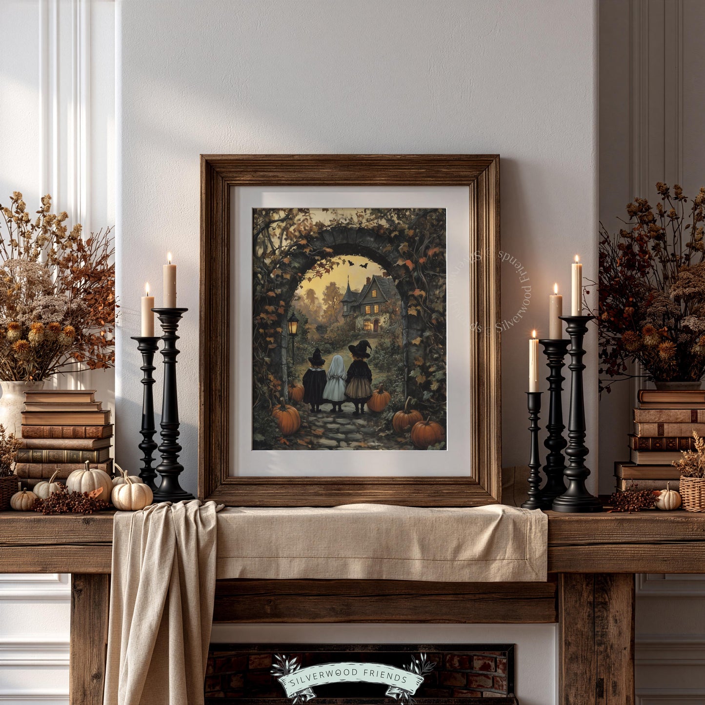 Dusk scene with trick-or-treaters heading toward haunted residence digital art print