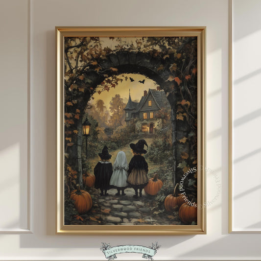 Muted earthy-toned Halloween children illustration for cozy gothic wall decoration
