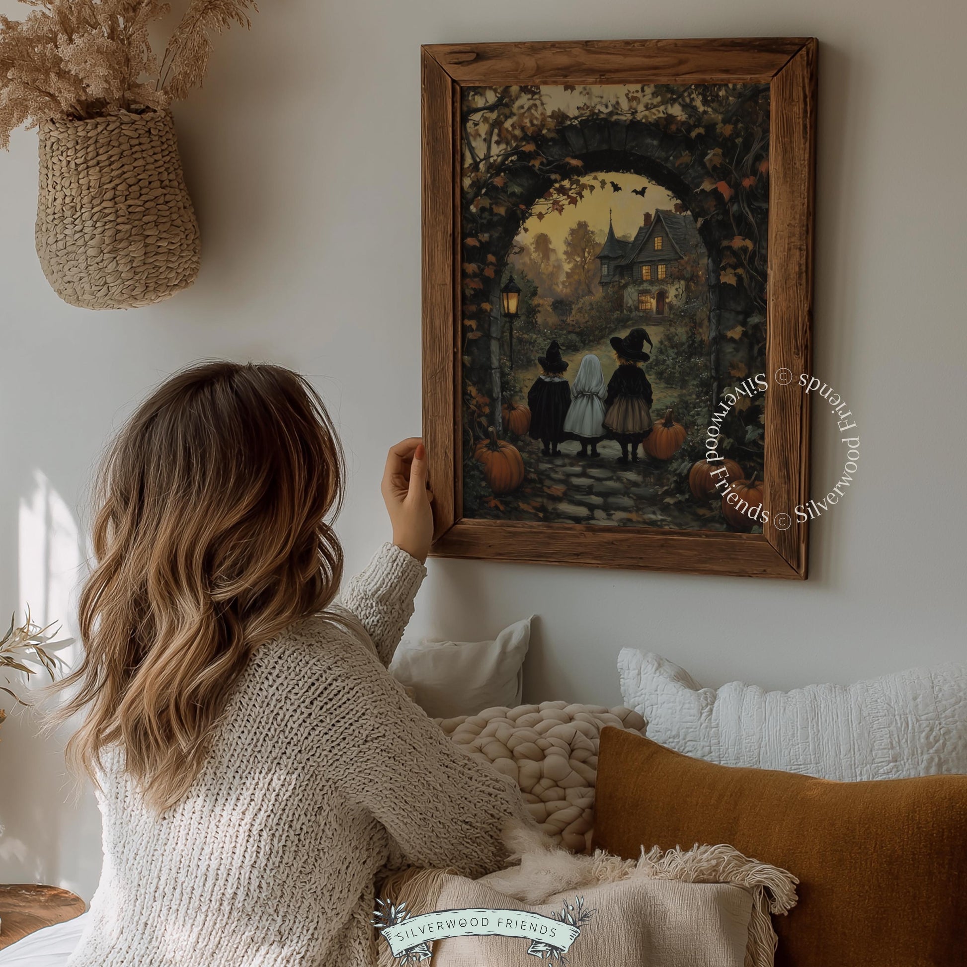 Nostalgic Halloween gathering artwork digital print for cozy autumn cottage styling