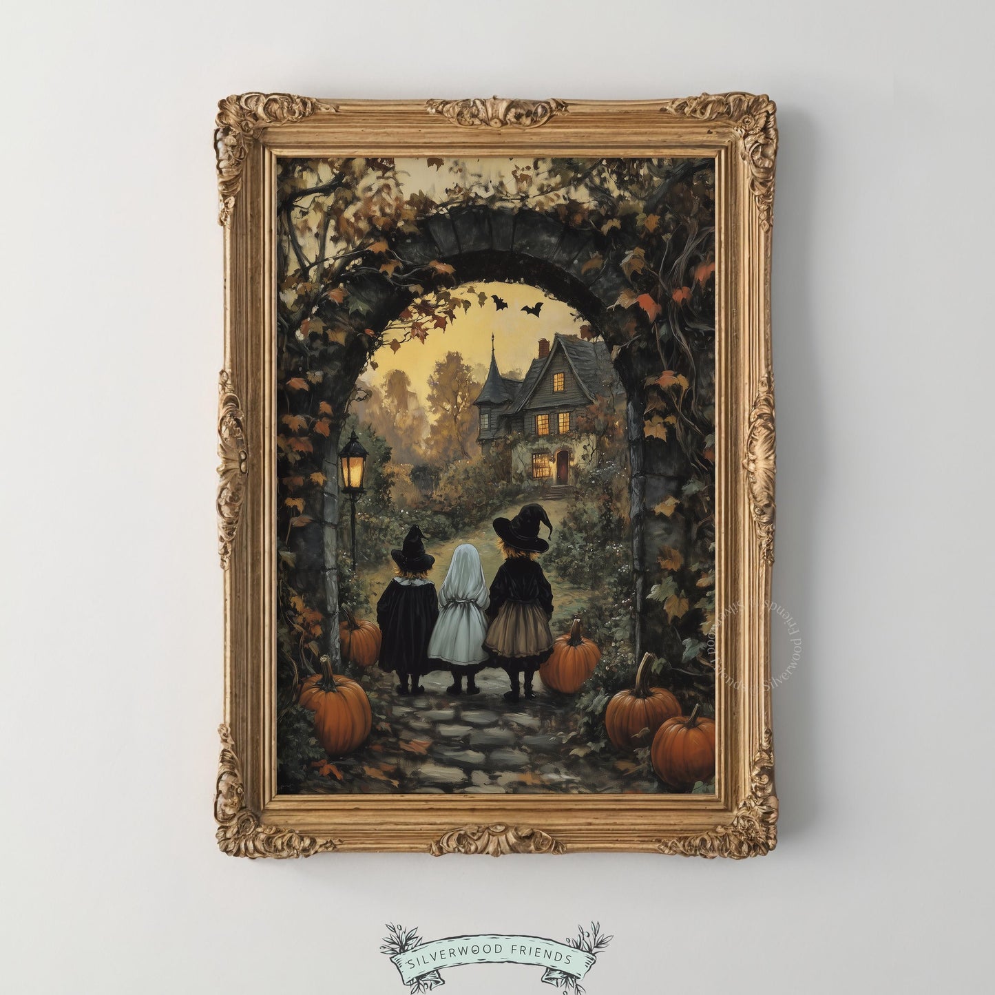 Cobblestone pathway with costumed kids approaching spooky estate digital download