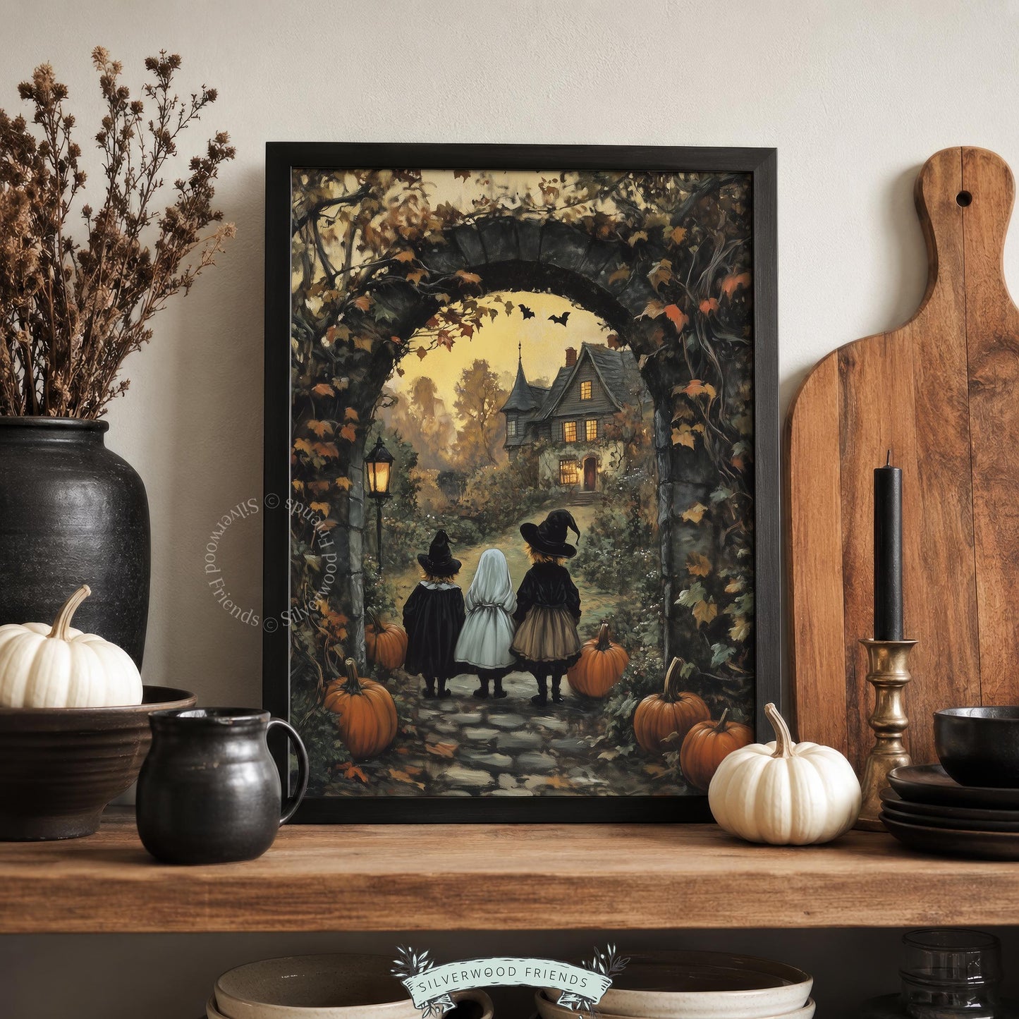 Autumn children illustration poster featuring haunted manor and glowing windows