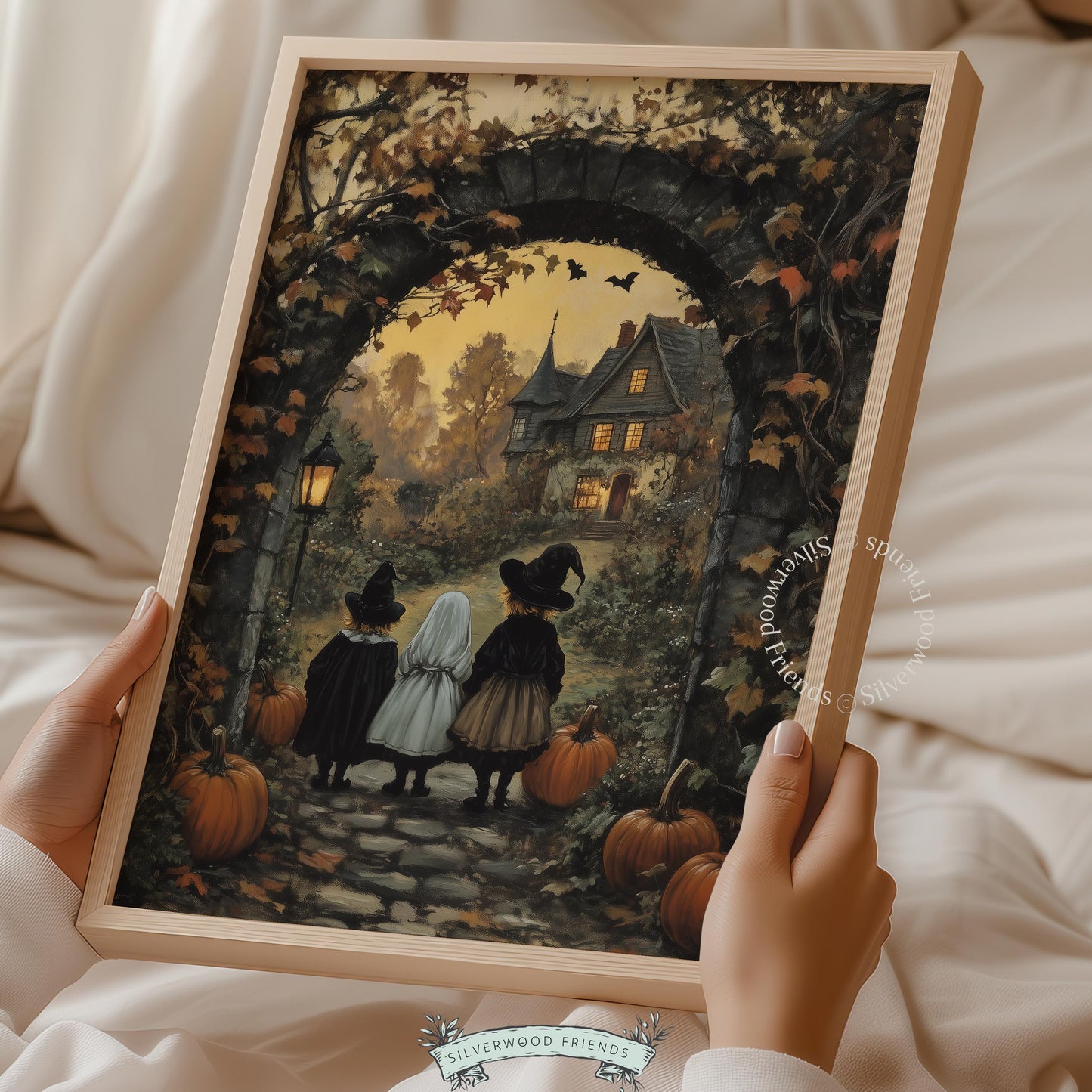 Children silhouettes in costume art print for witchy seasonal wall decoration