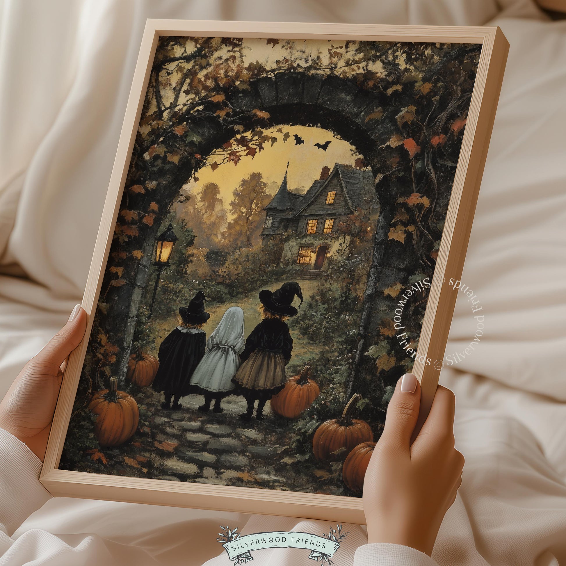 Children silhouettes in costume art print for witchy seasonal wall decoration