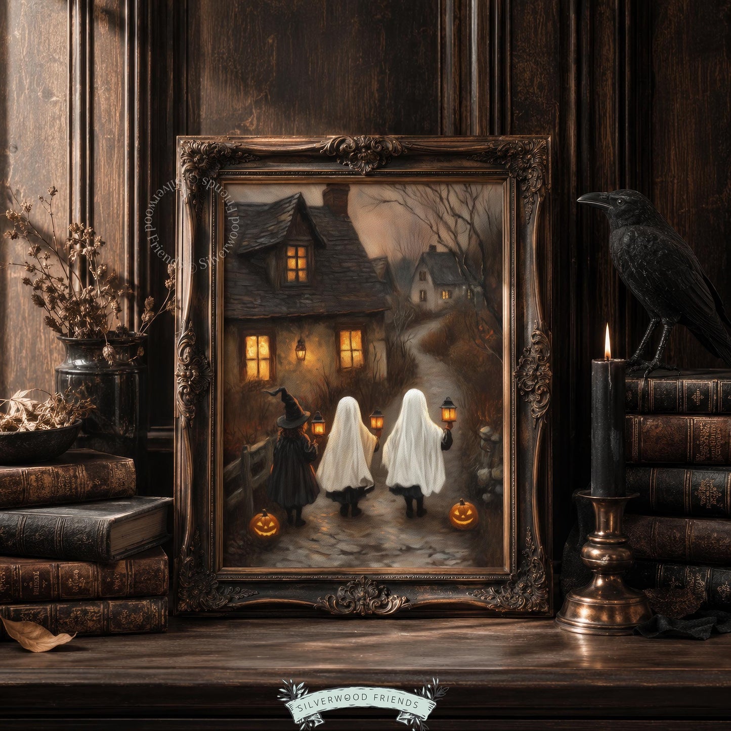 Cozy Halloween painting for fall hosting spaces — bare trees, mist, and warm lantern light ambiance
