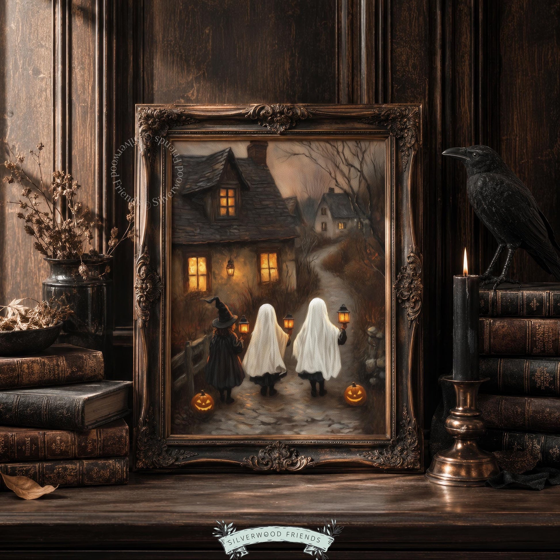 Cozy Halloween painting for fall hosting spaces — bare trees, mist, and warm lantern light ambiance