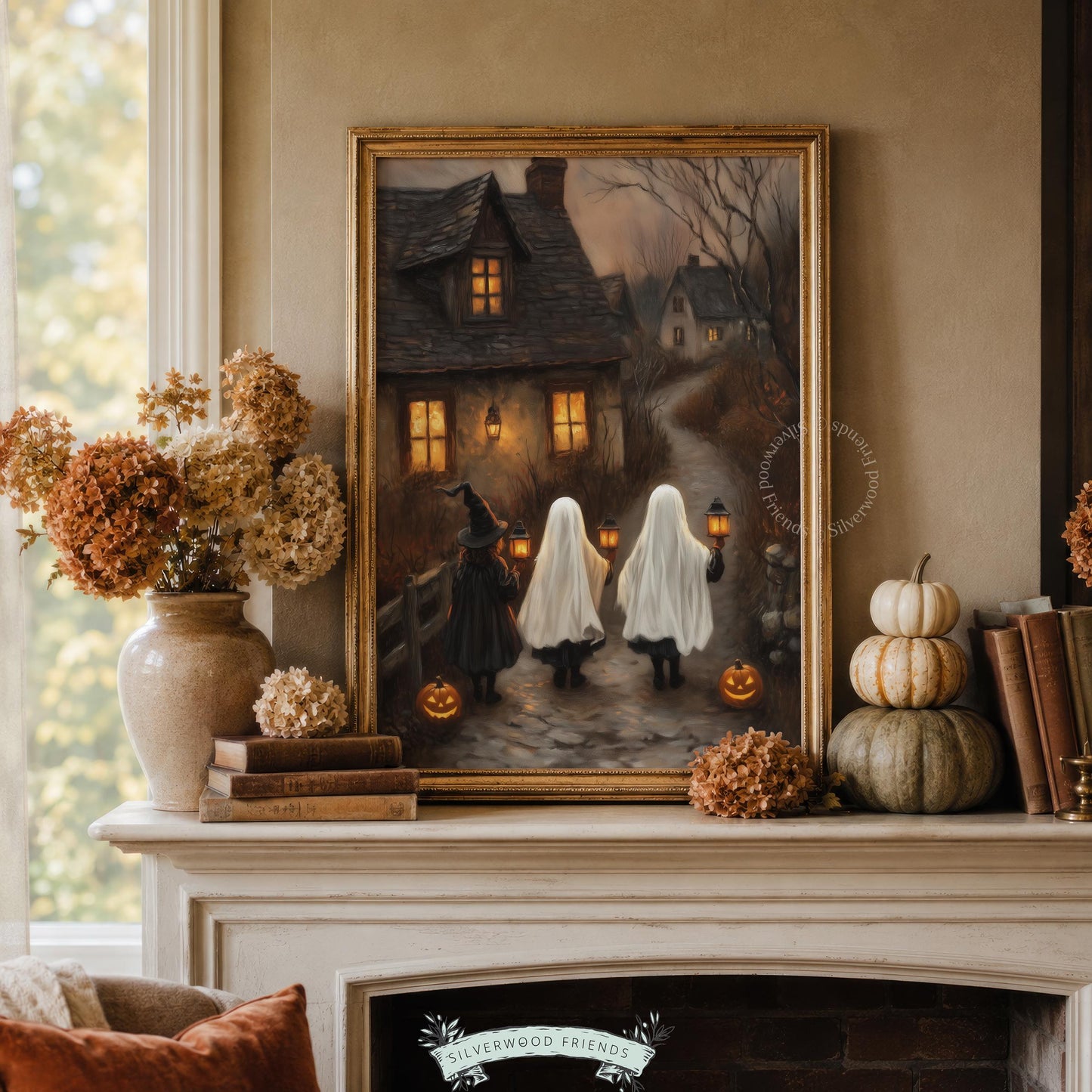 Jack-o-lantern lined pathway poster for seasonal decor — dark academia Halloween aesthetic with cozy glow