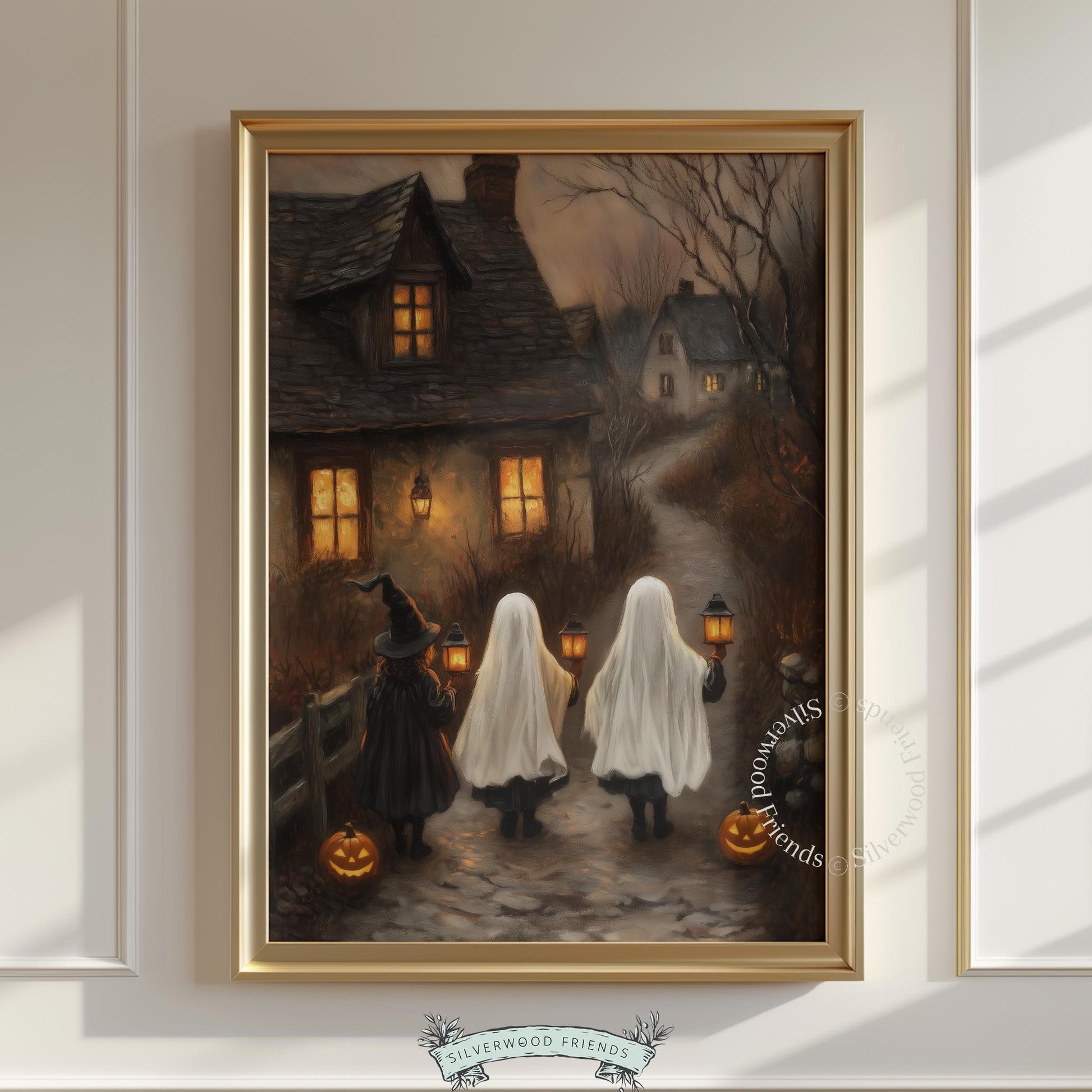 Spooky season digital print for hallway — vintage-inspired trick-or-treat journey toward illuminated village