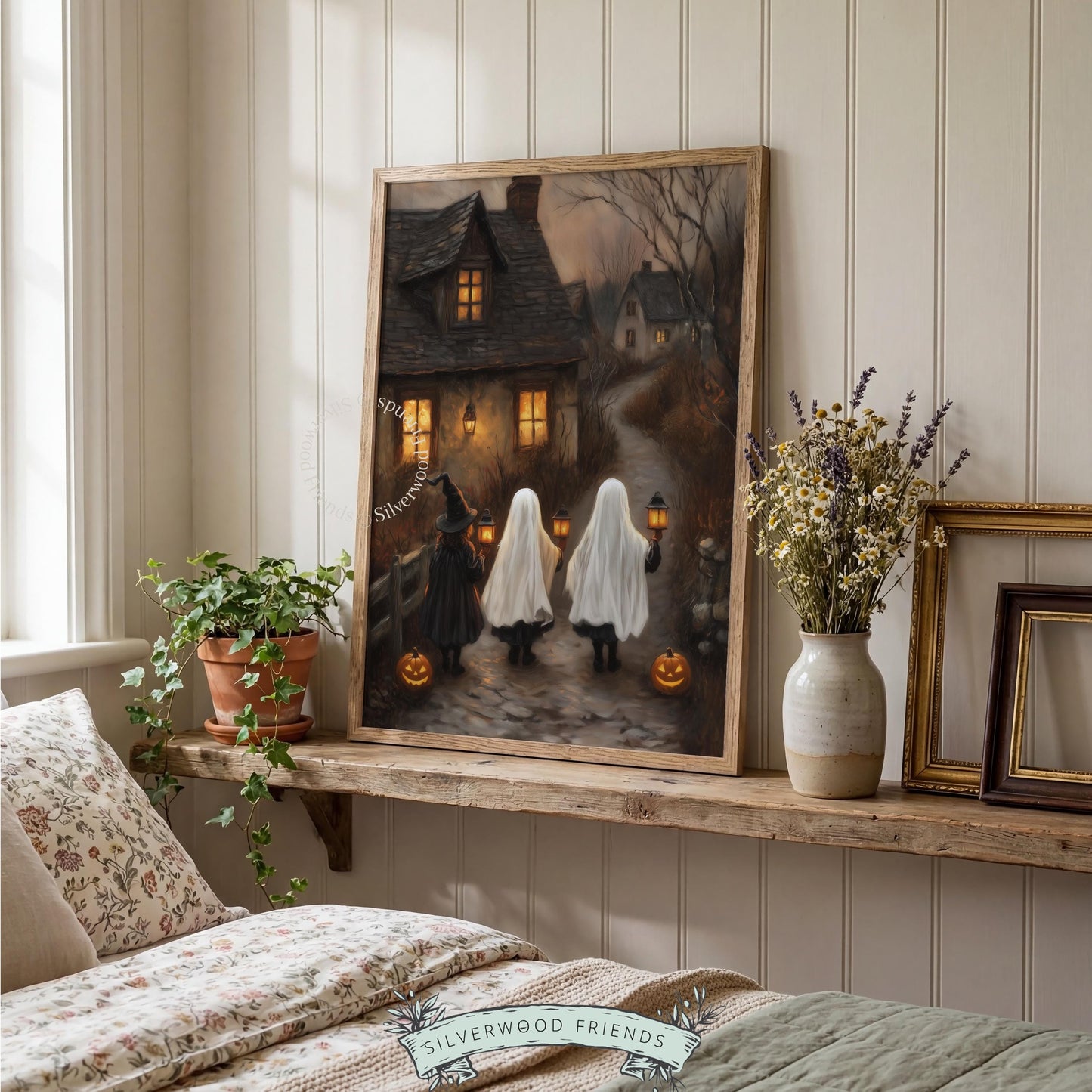 Vintage Halloween digital print for gallery wall — children's costume night scene with misty backdrop