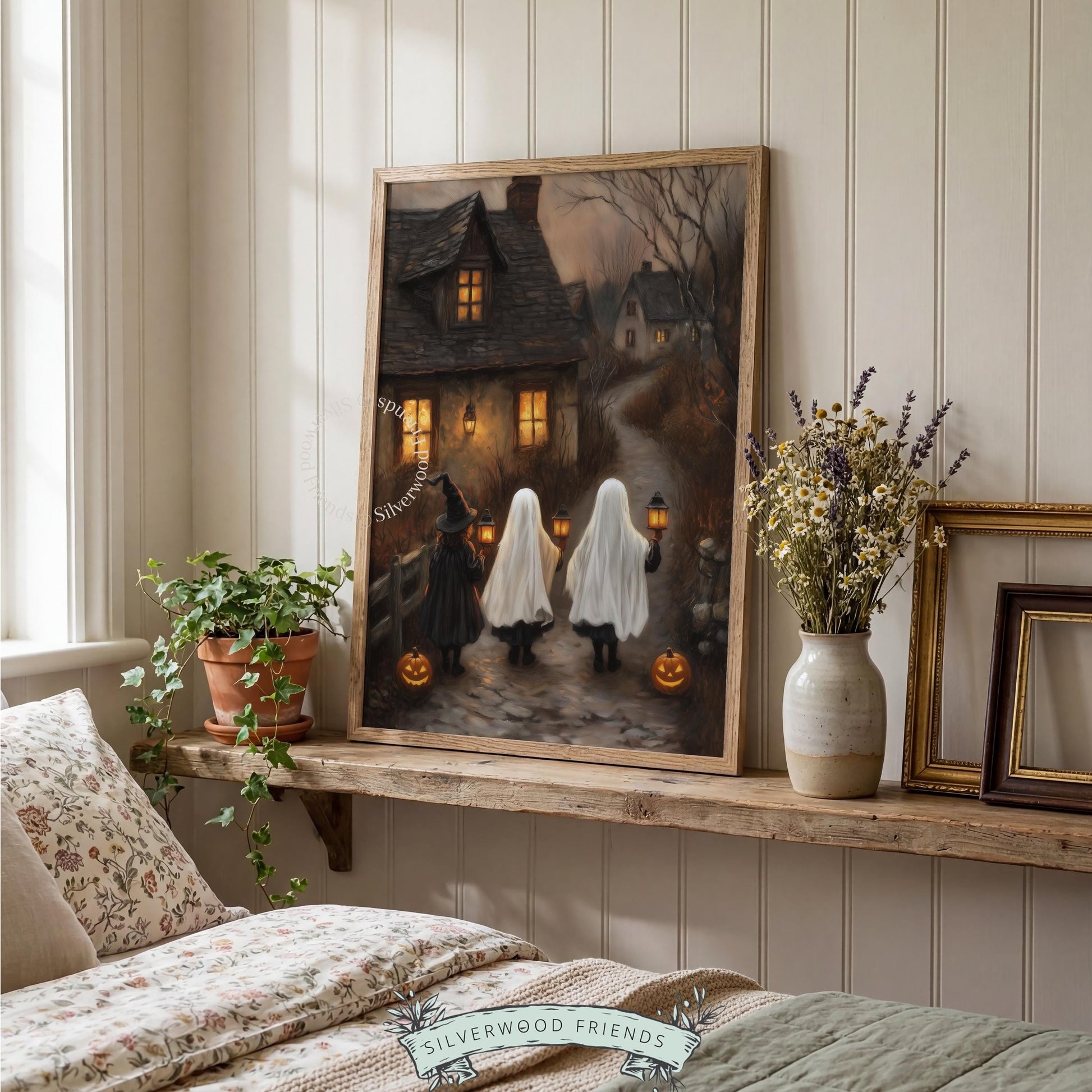 Vintage Halloween digital print for gallery wall — children's costume night scene with misty backdrop