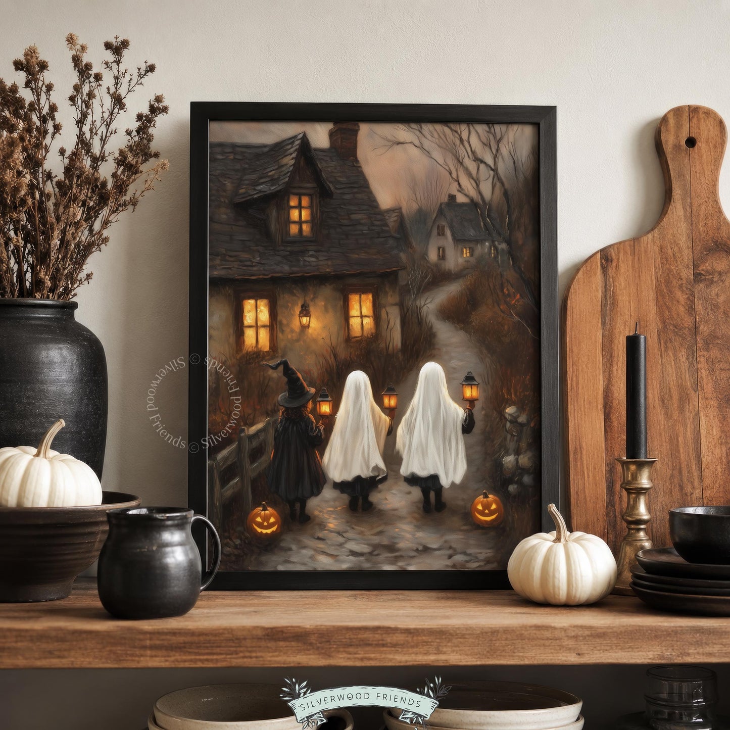 Dark cottagecore poster printable — young ghost-costumed figures journeying through moody evening landscape