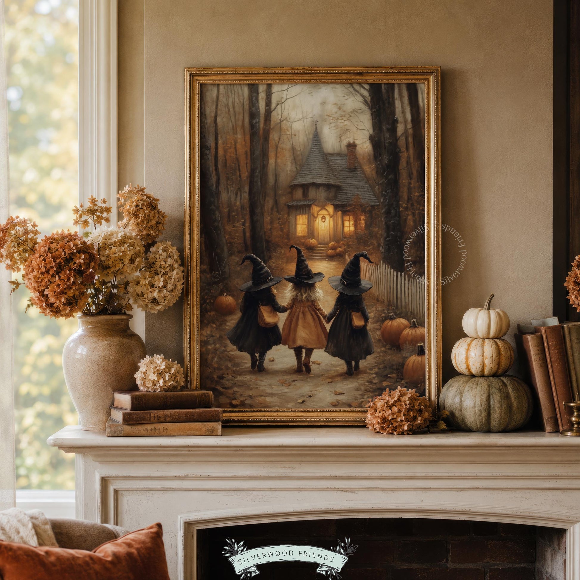Harvest witches print for mudroom — rustic Halloween charm with textured vintage painting style