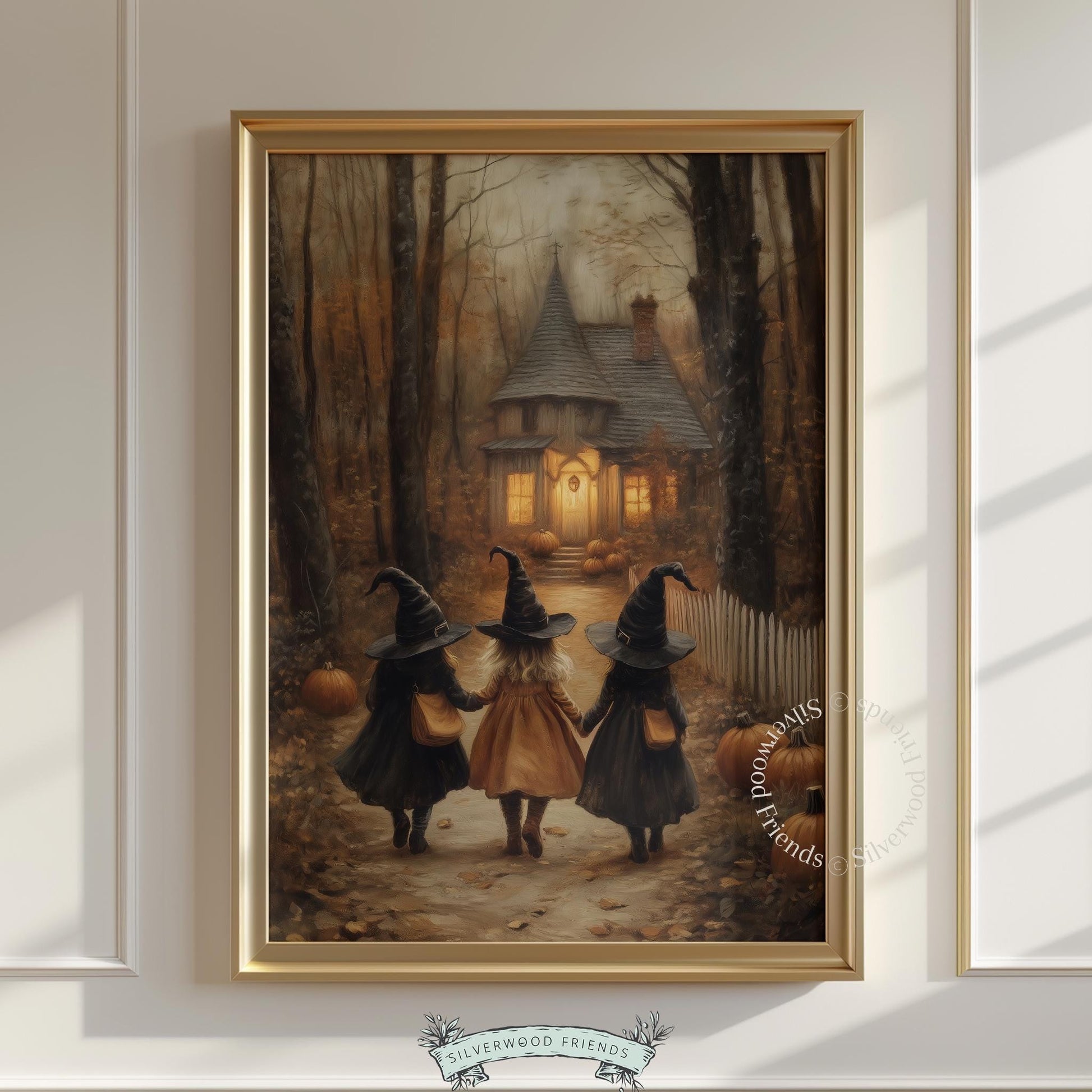 Pumpkin patch witches picture for kitchen — cozy fall scene with bare trees and homestead cottage