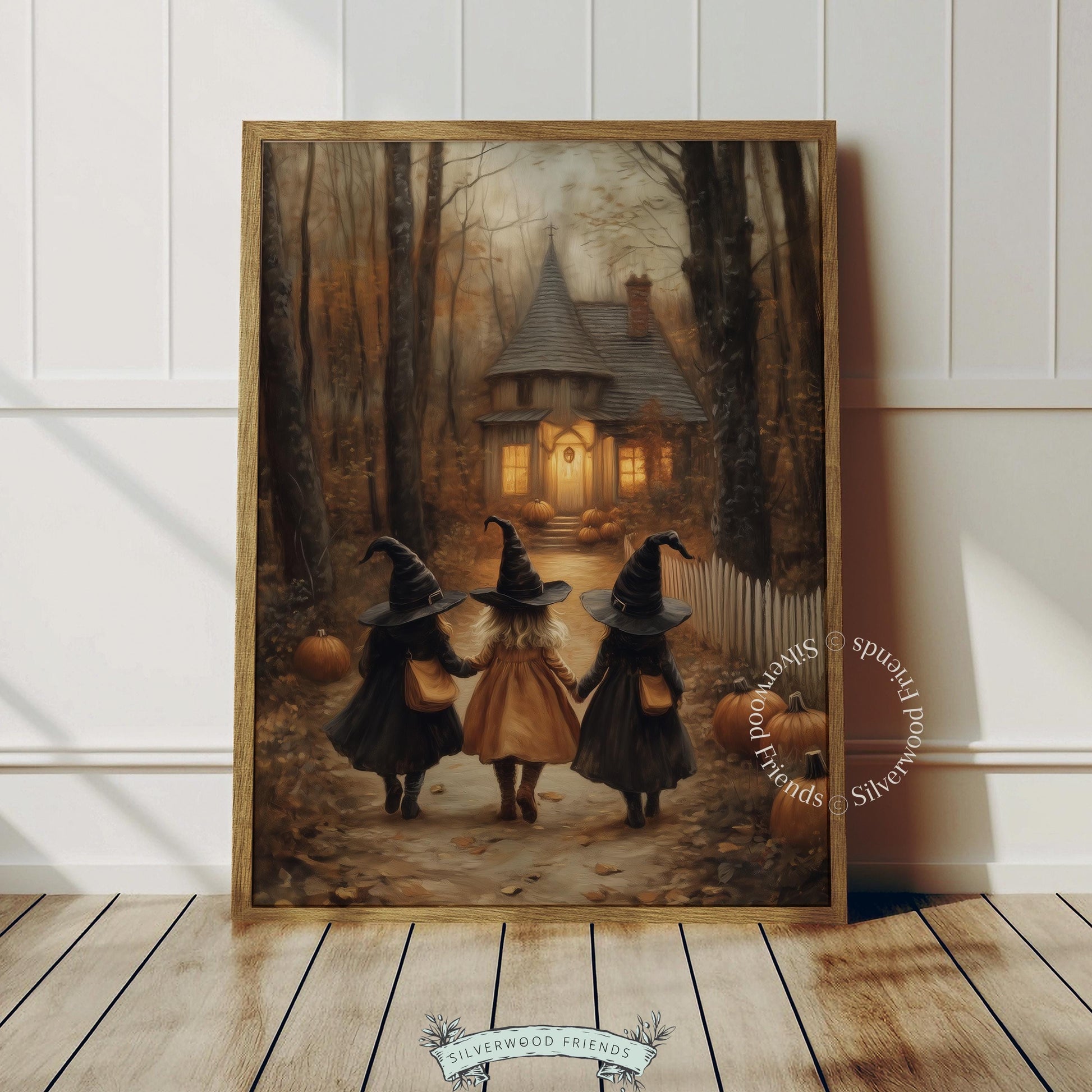 Autumn witches instant digital download for hallway — cozy nighttime cottage with candlelit windows