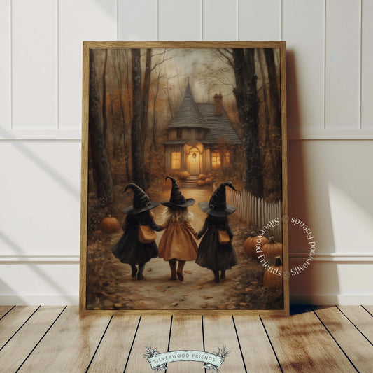 Autumn witches instant digital download for hallway — cozy nighttime cottage with candlelit windows