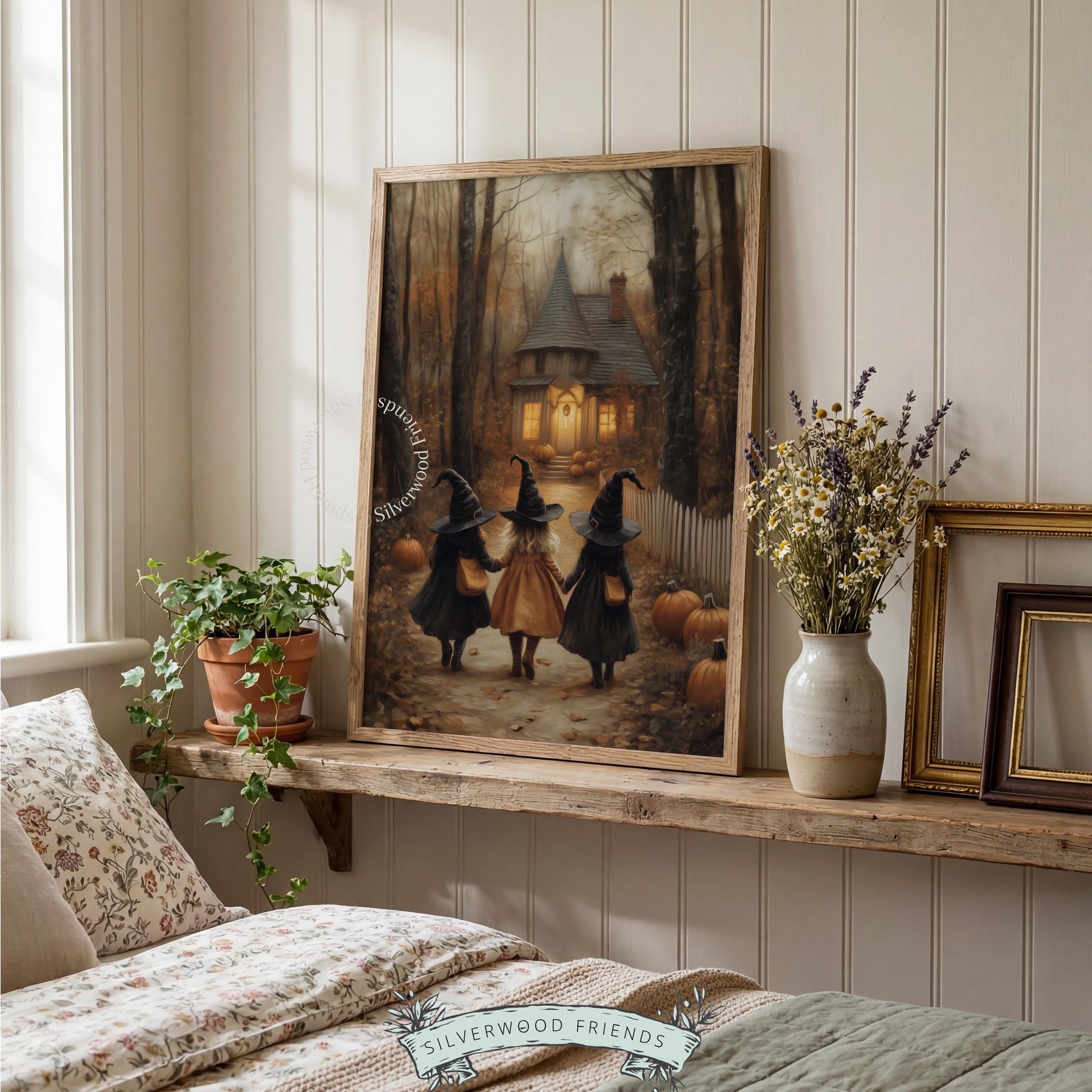 Woodland witch characters wall art for entryway — warm gothic cottagecore with textured brushwork