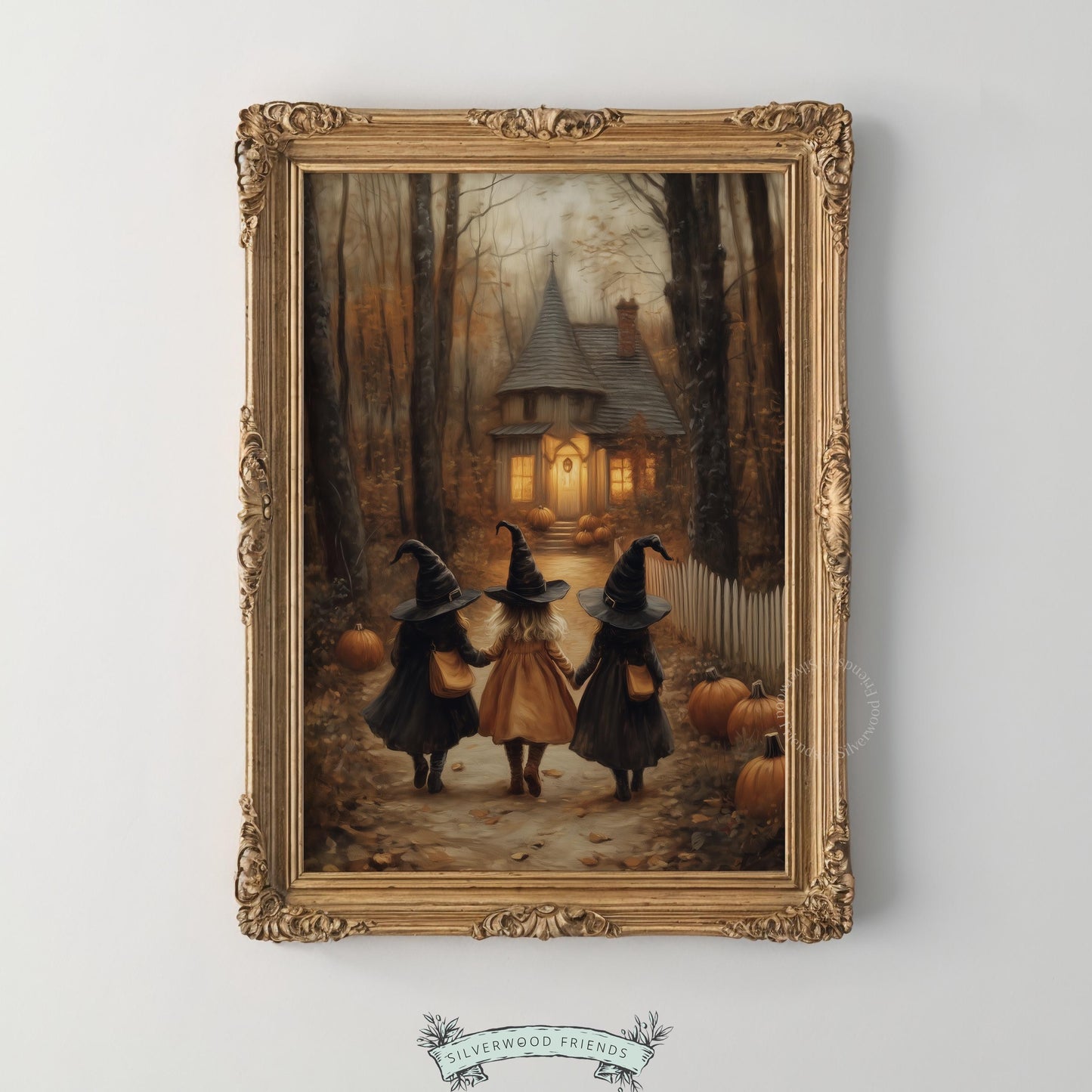 Autumn cottage painting for children's room — three dark-cloaked figures walking toward glowing farmhouse