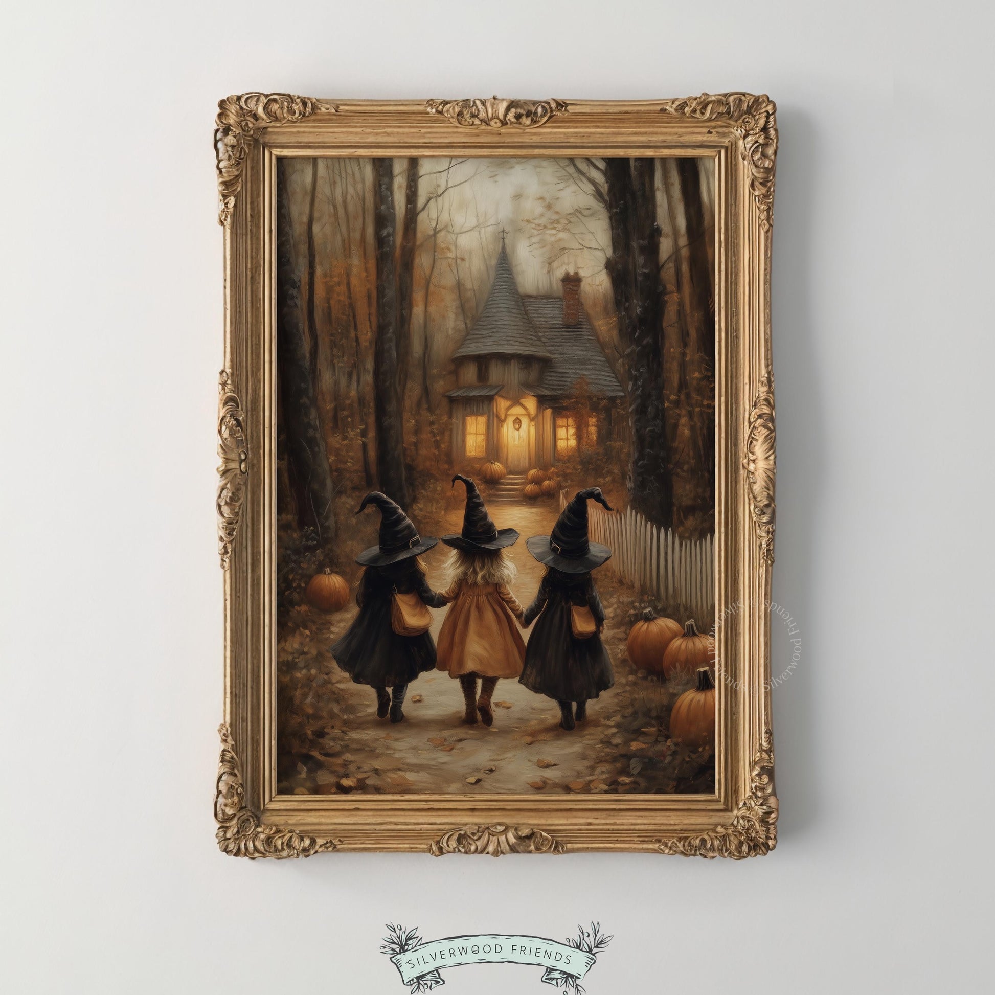 Autumn cottage painting for children's room — three dark-cloaked figures walking toward glowing farmhouse