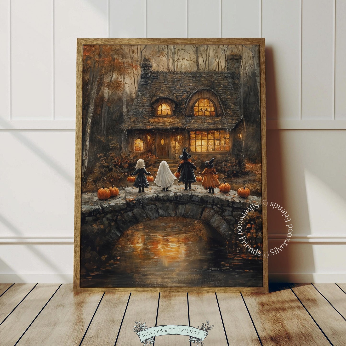 Warm lamp-lit cottage scene poster for entryway — masked figures crossing bridge on dark Halloween evening