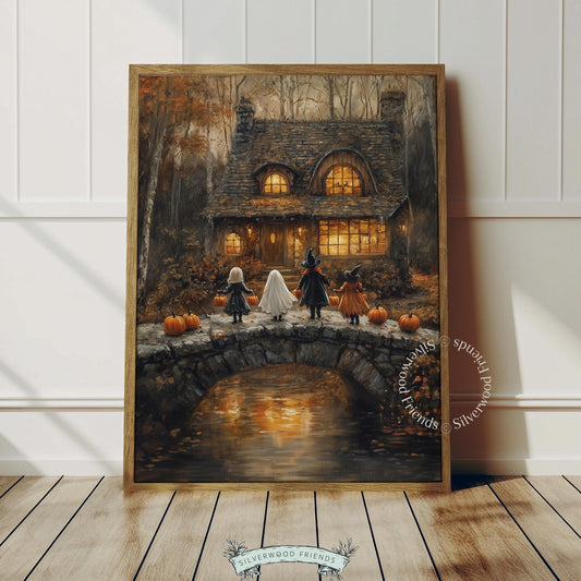 Warm lamp-lit cottage scene poster for entryway — masked figures crossing bridge on dark Halloween evening