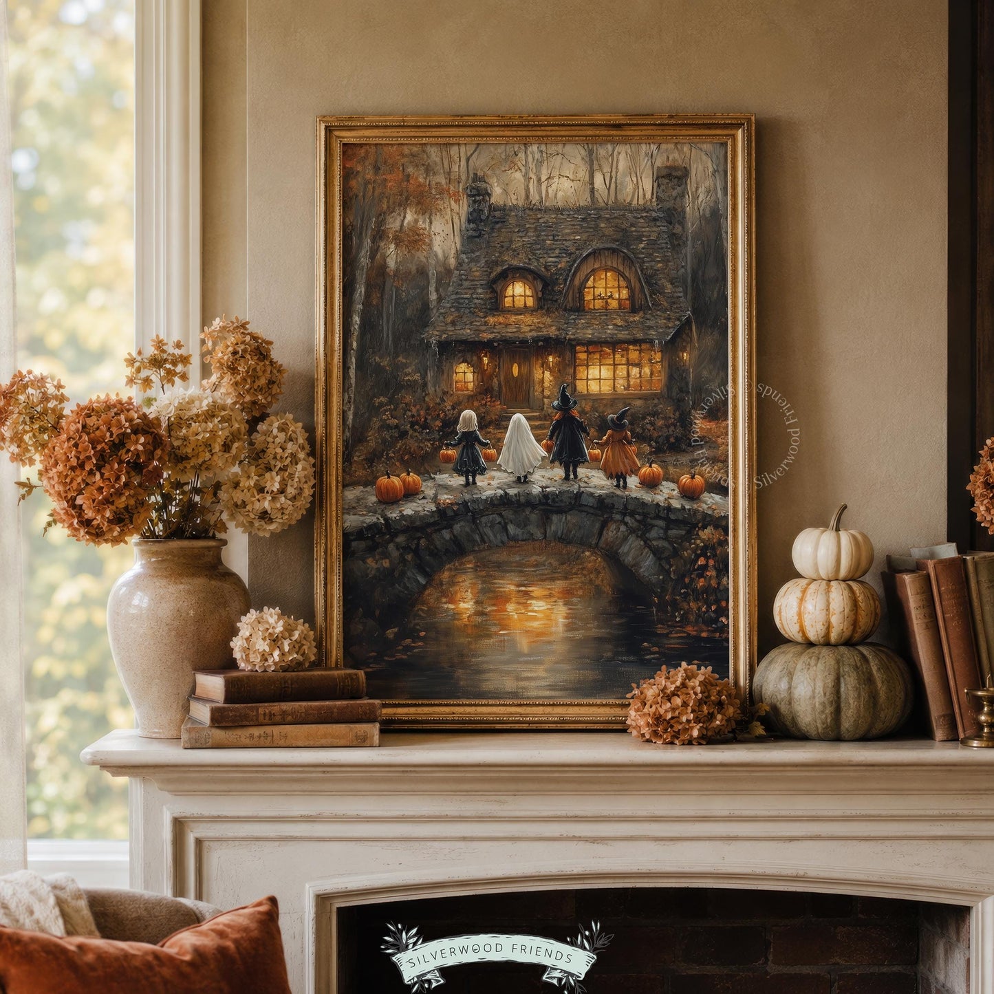 Costumed children crossing bridge poster for hallway — dark atmospheric autumn cottage with jack-o-lanterns