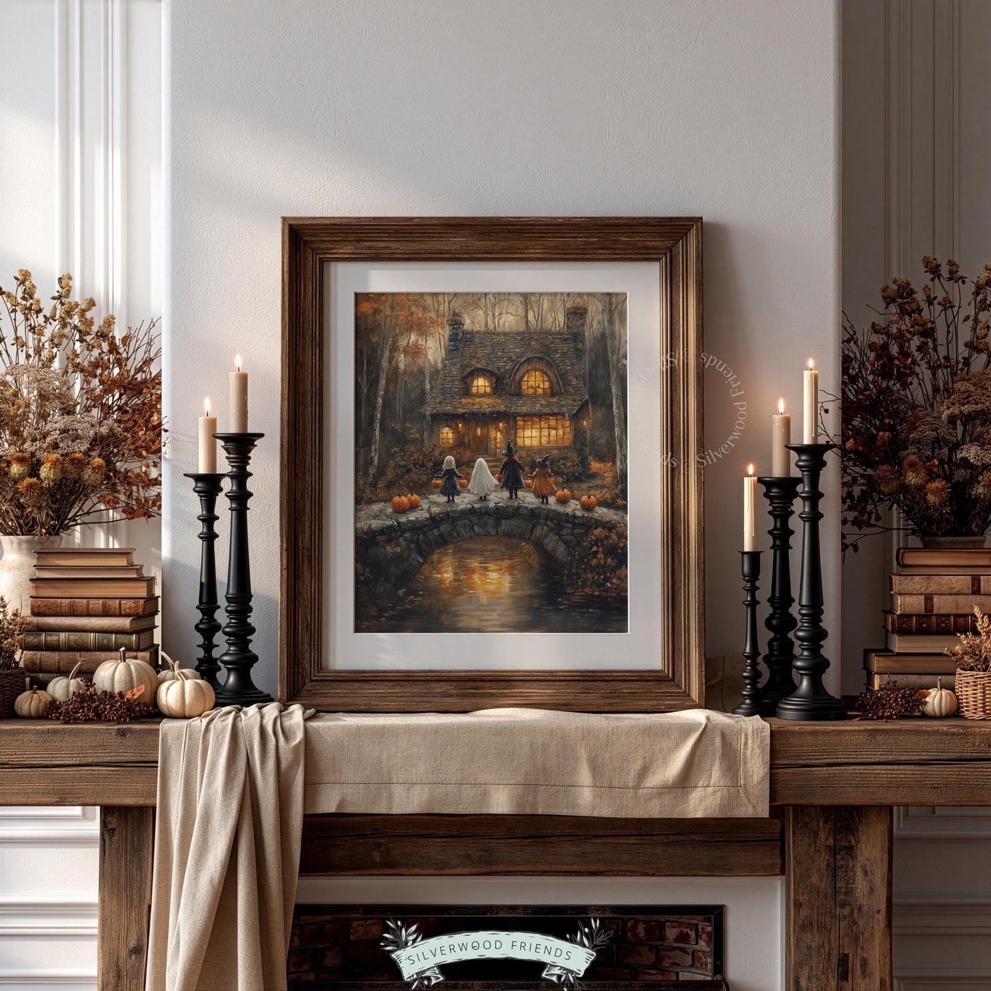 Ghost witch and devil figures digital print for bedroom — rustic cottagecore Halloween with warm glowing windows