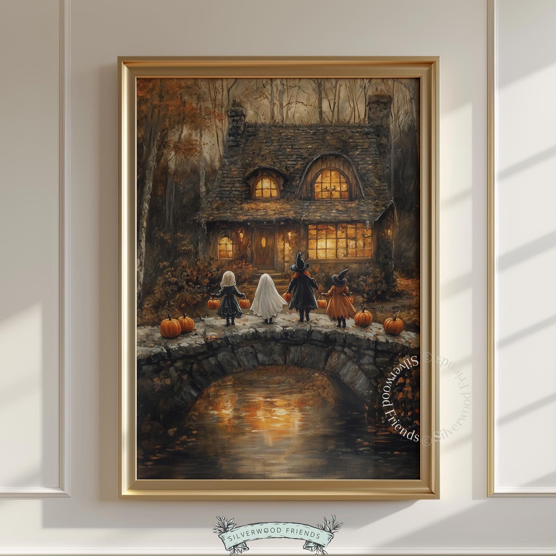 Gothic cottagecore house painting for family room — festive kids in costume with pumpkins lining the path