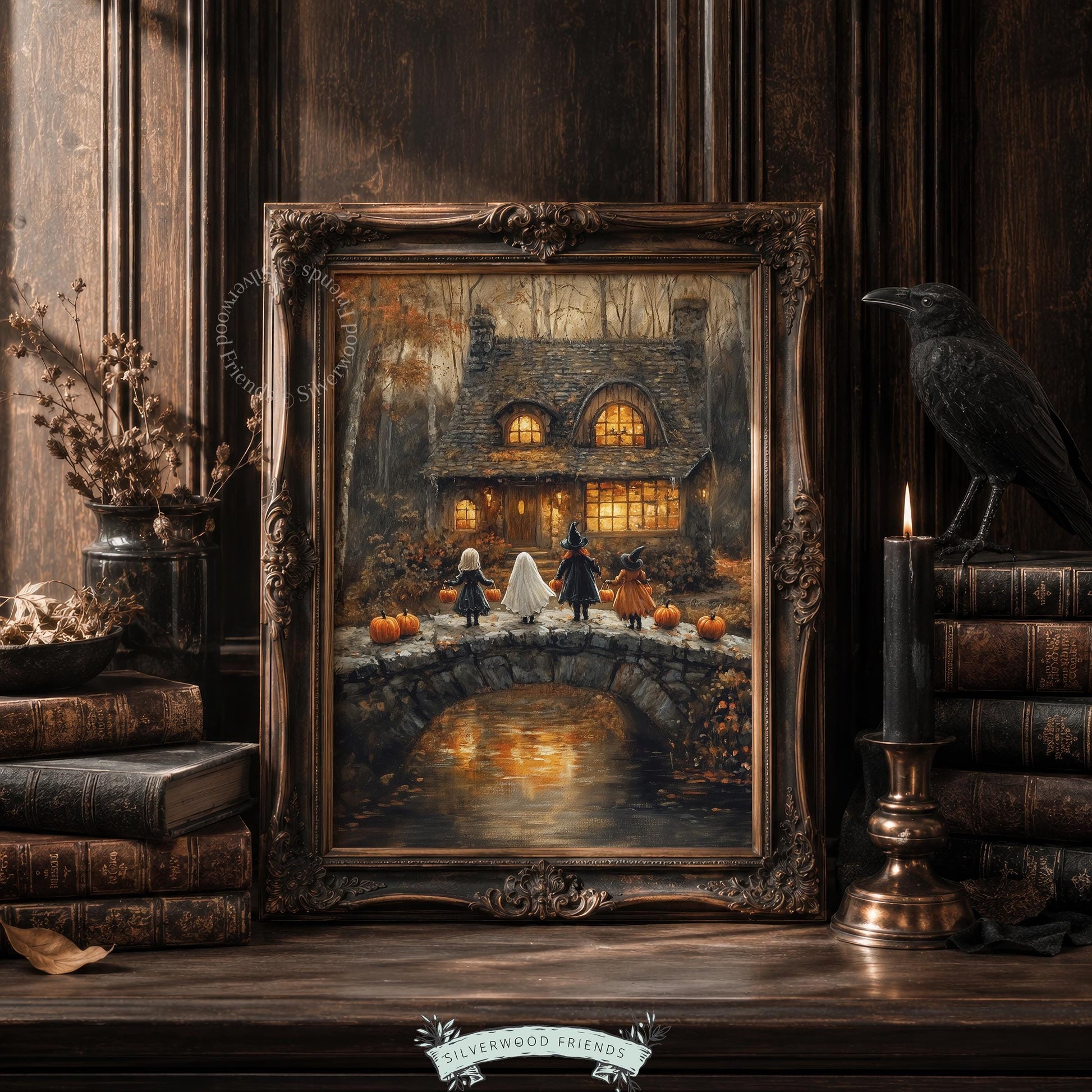 Halloween night painting for living room — costumed children at stone house with reflective pond and vintage atmosphere