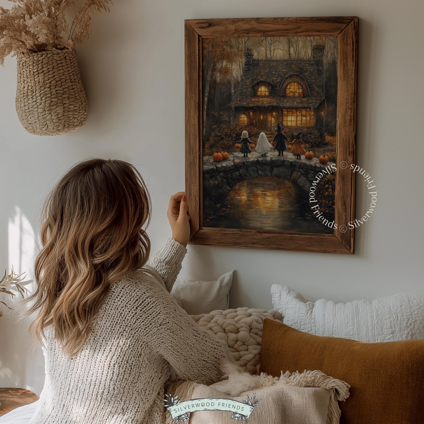 Moody fall evening digital print for stairwell — ghostly figures approaching rustic stone dwelling