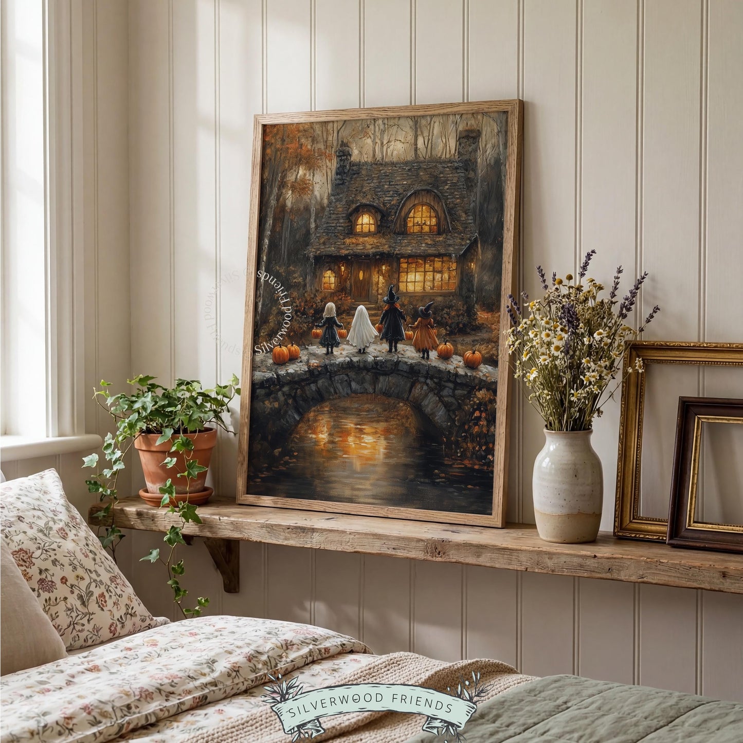 Moody trick-or-treat painting for gallery wall — kids in costumes at rustic bridge leading to amber-lit house