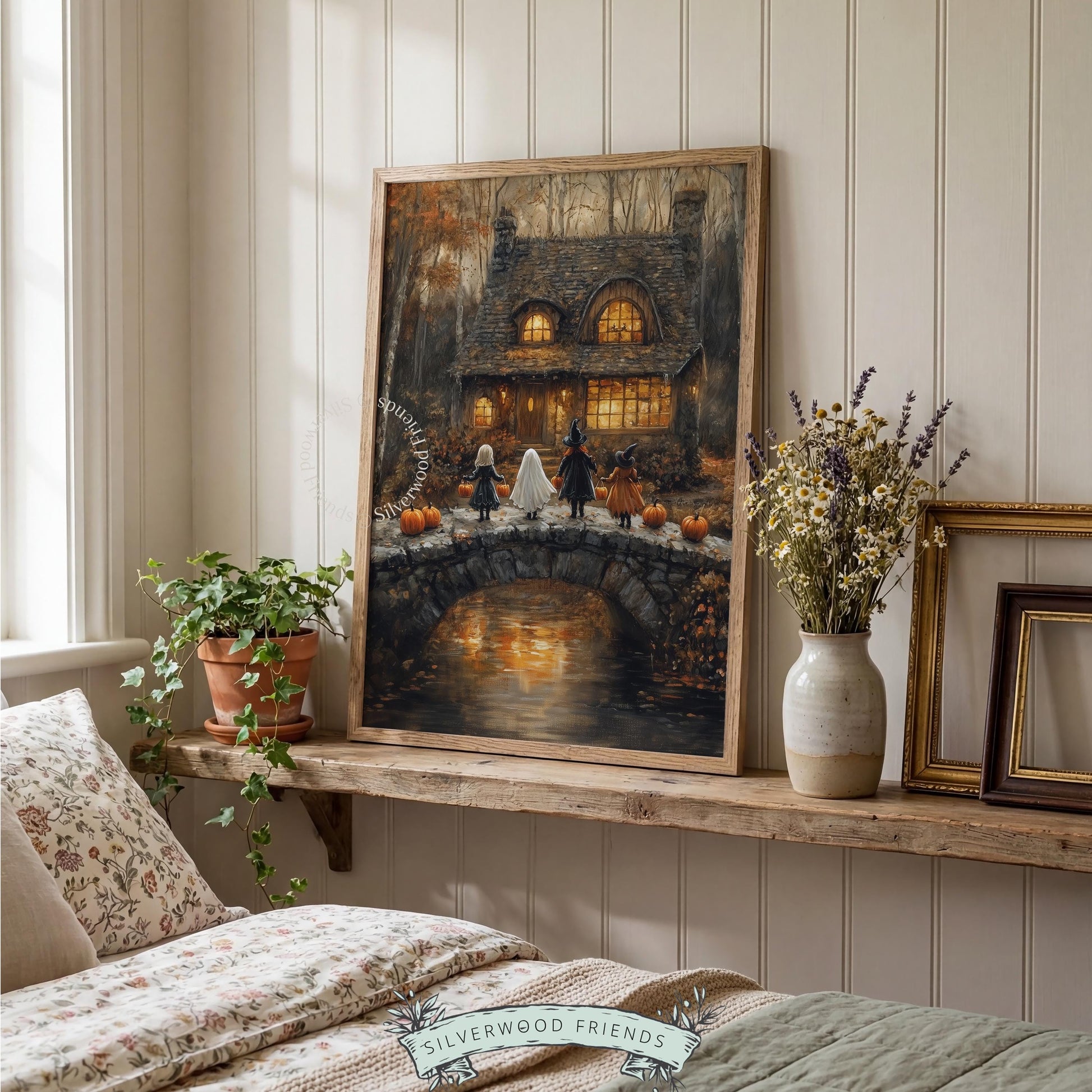 Moody trick-or-treat painting for gallery wall — kids in costumes at rustic bridge leading to amber-lit house