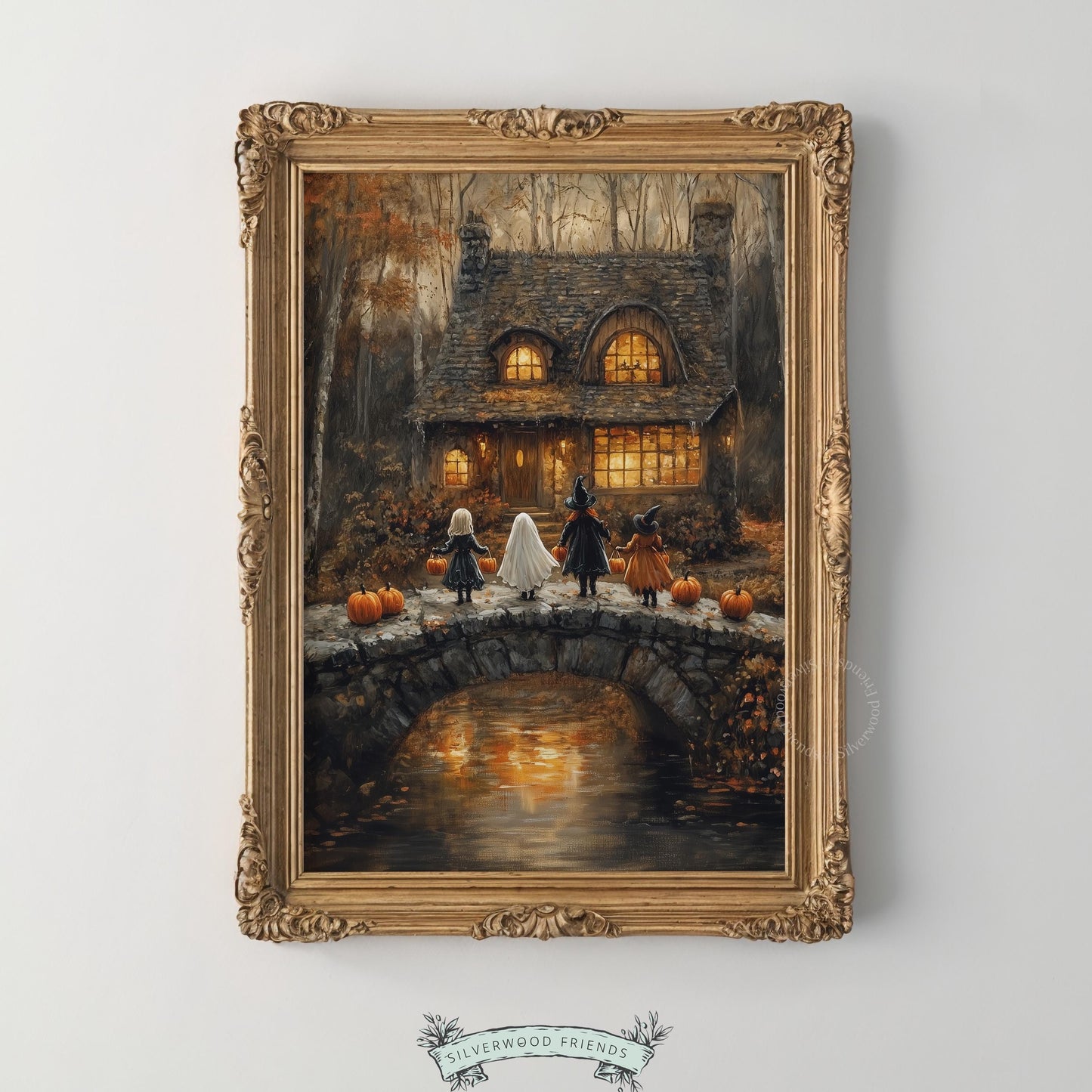 Vintage-style Halloween gathering wall art for entryway — children approaching stone cottage with rich earthy tones