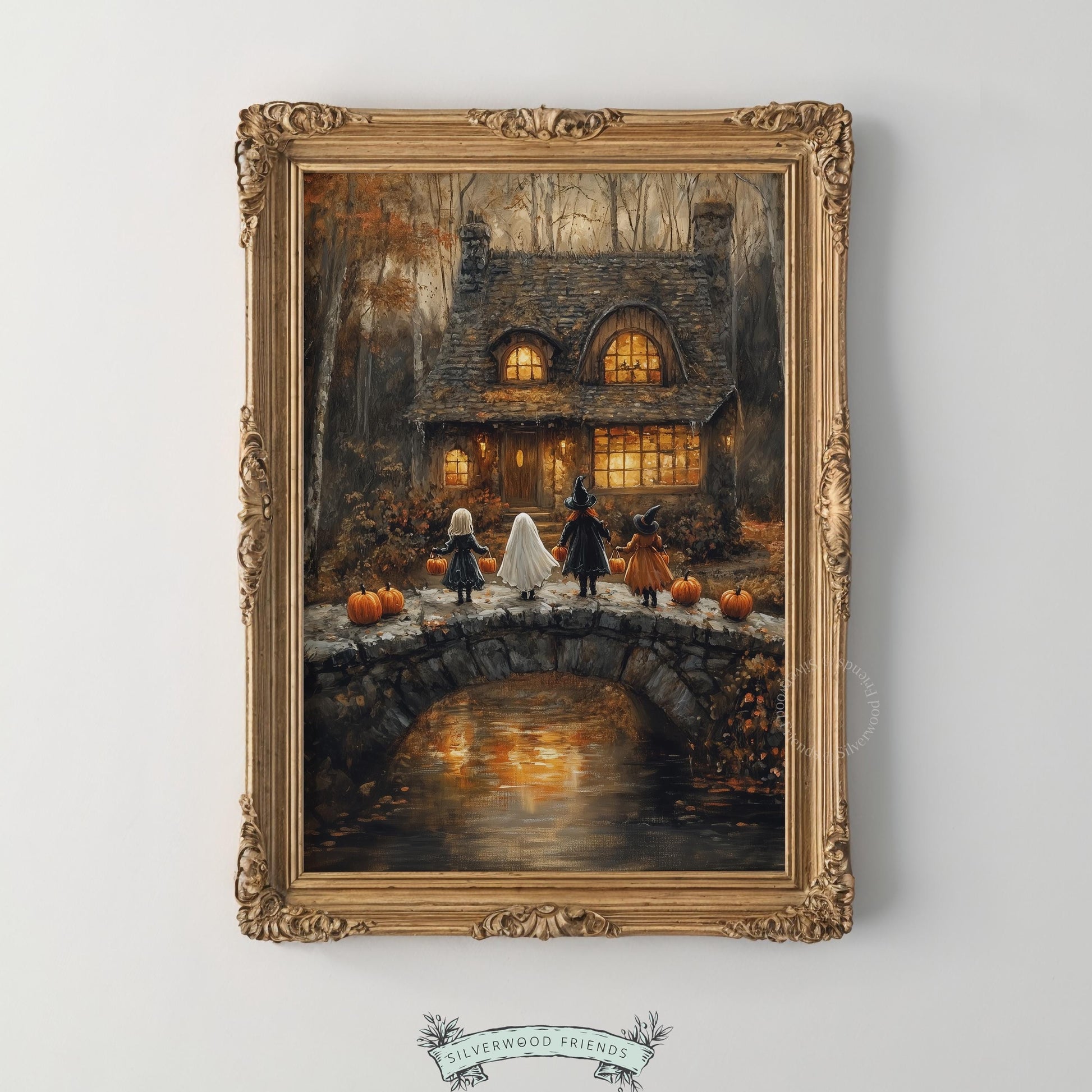 Vintage-style Halloween gathering wall art for entryway — children approaching stone cottage with rich earthy tones