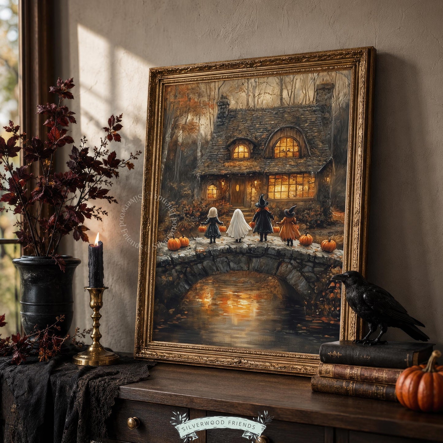 Autumn cottage with jack-o-lanterns wall decor for den — children in Halloween costumes crossing wooden bridge