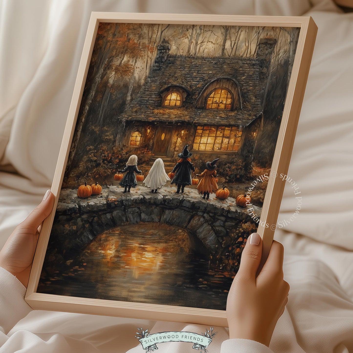Vintage Halloween tableau picture for entryway — masked children walking toward cottage with amber lamplight