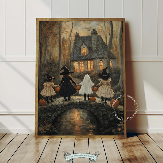 Children in Halloween costumes walking to cottage printable art — spooky vintage illustration with warm glowing windows