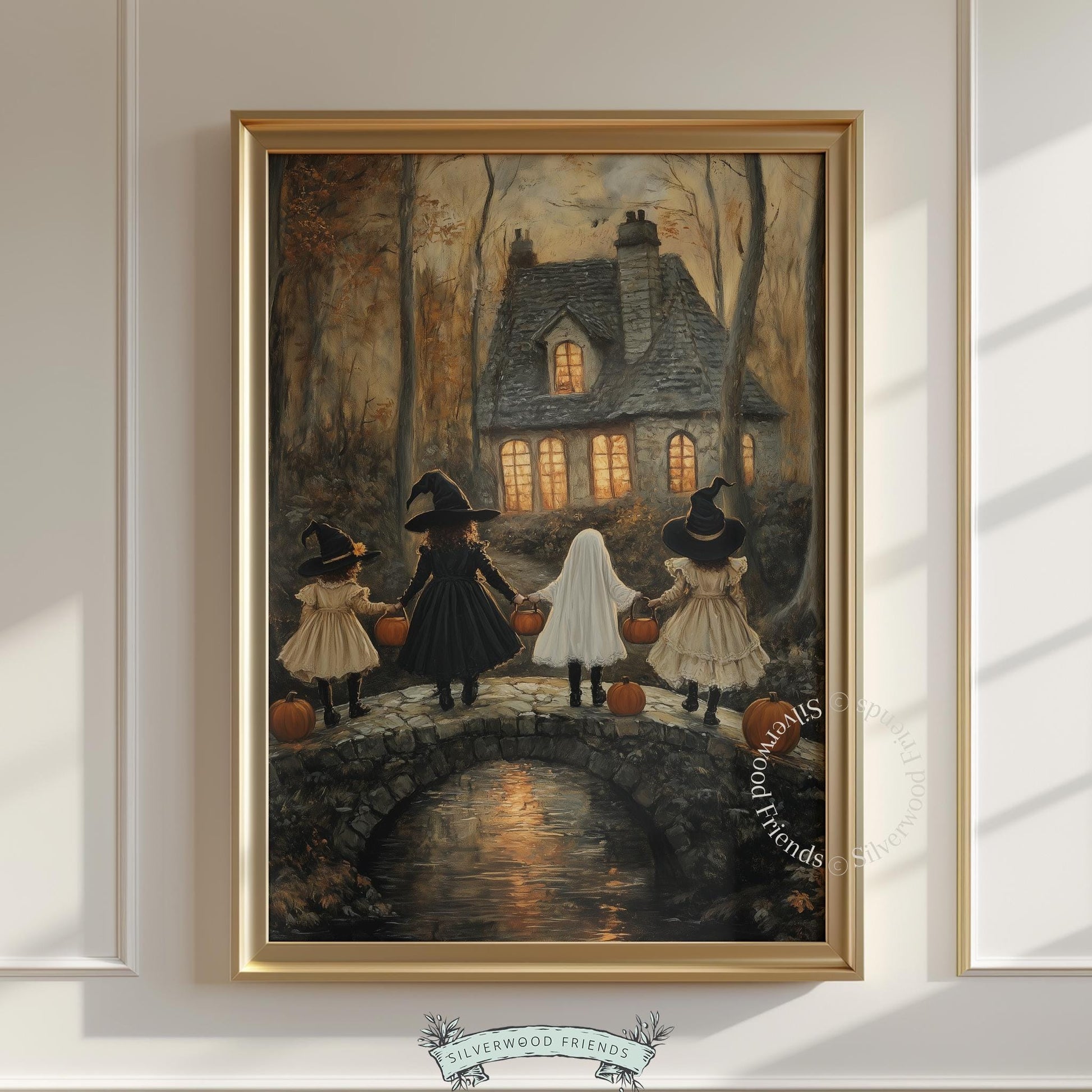 Witches and ghost children artwork for seasonal decor — printable vintage painting with candlelit window details