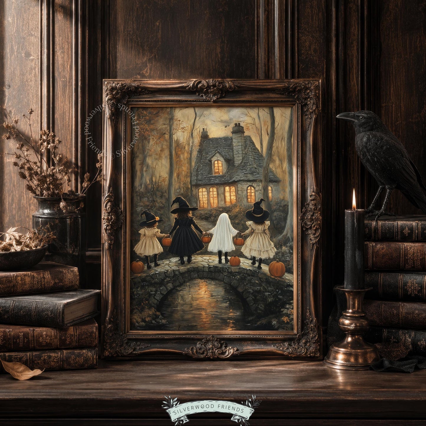 Trick-or-treaters on stone bridge digital print for bedroom — moody autumn forest with golden lighting and witches