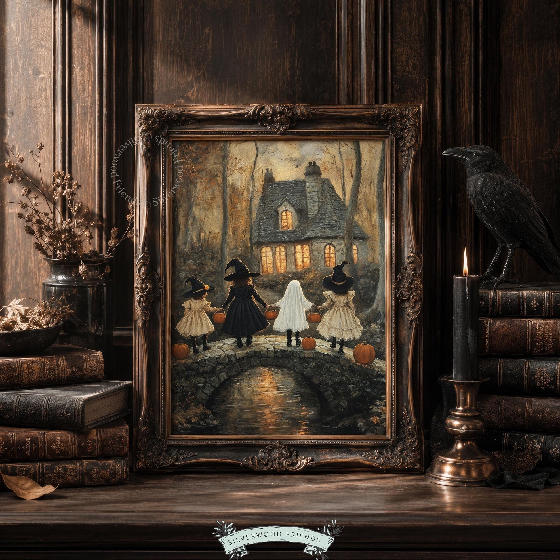 Trick-or-treaters on stone bridge digital print for bedroom — moody autumn forest with golden lighting and witches