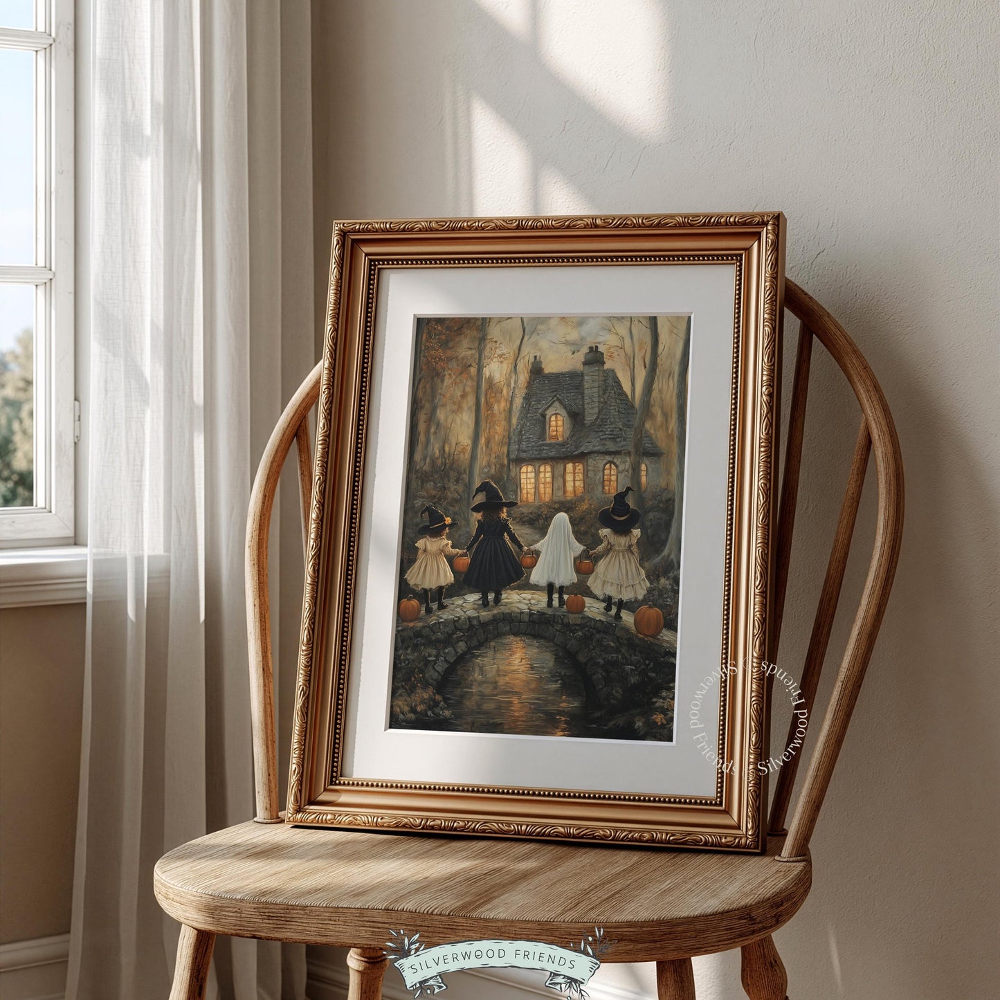 Cottage core Halloween poster for living room — children crossing bridge at night with pumpkin candy buckets