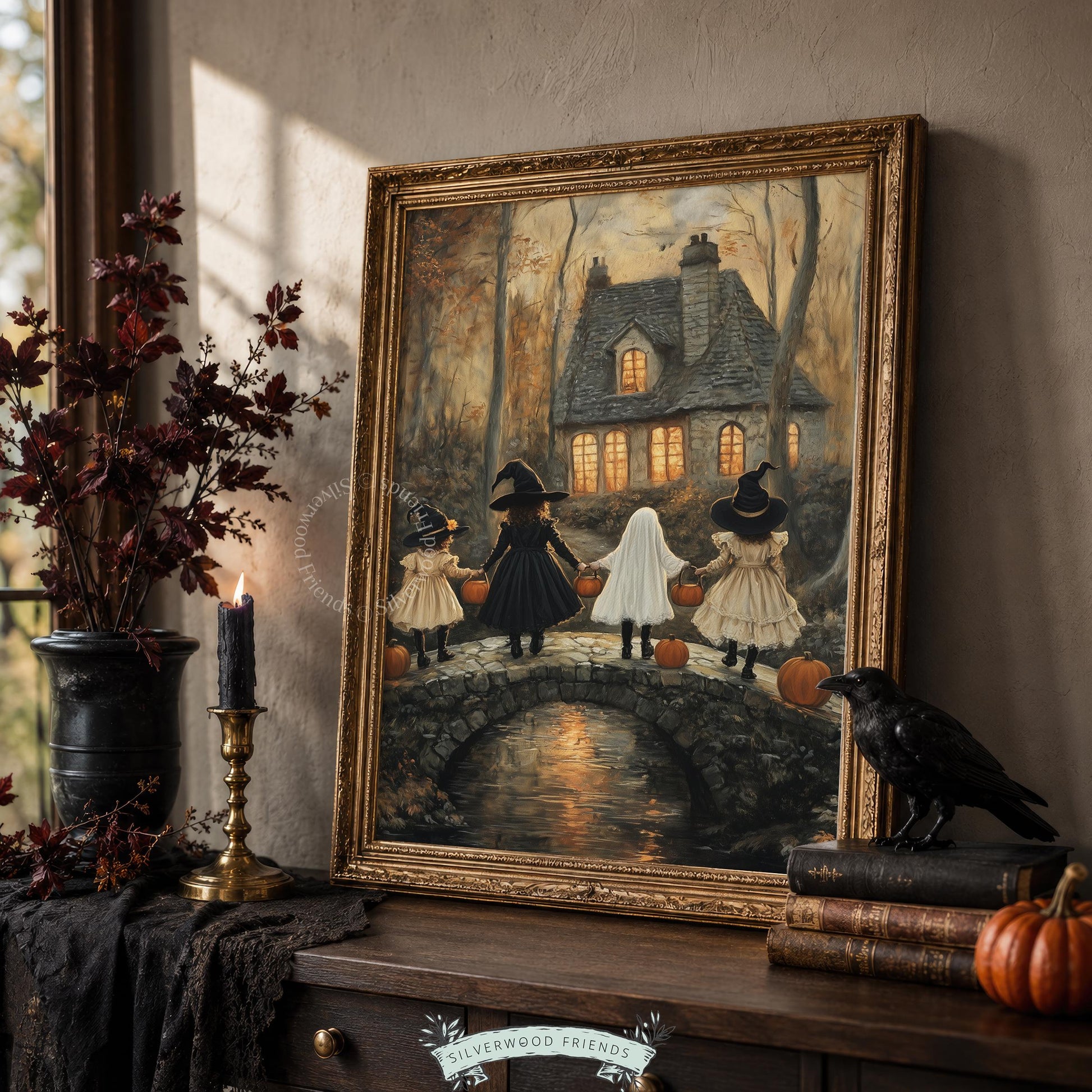 Witchy children artwork instant download — vintage-style painting with moody evening atmosphere and stone architecture