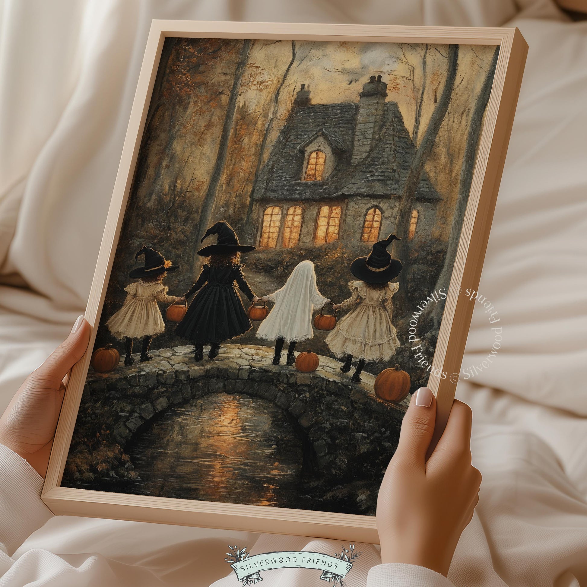 Spooky autumn children illustration poster — vintage-style picture with muted tones and mysterious twilight atmosphere
